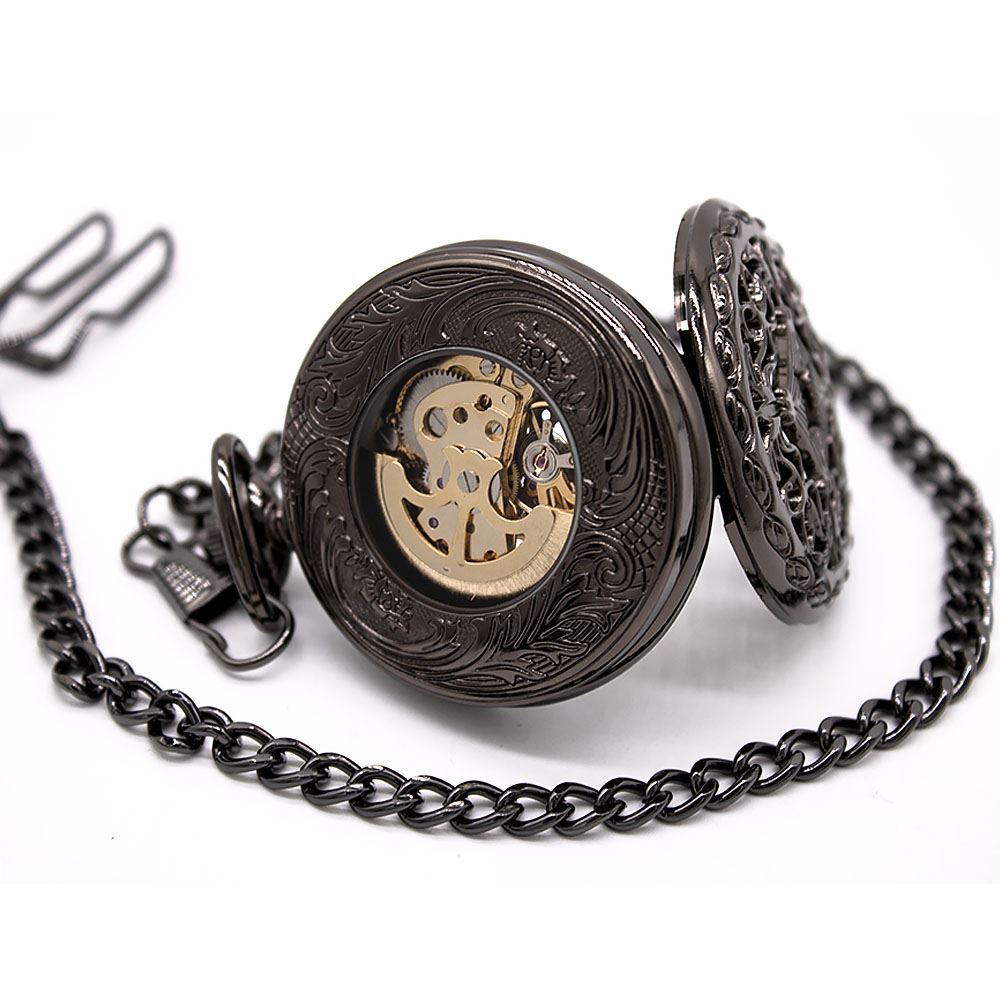Vintage Black Alloy Mechanical Skeleton Brass Pocket Watch