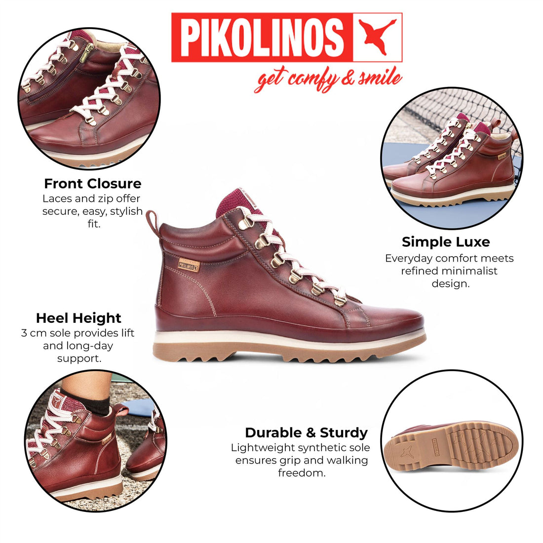 Pikolinos Women’s Arcilla Red Leather Ankle Trainers Boots - Vigo