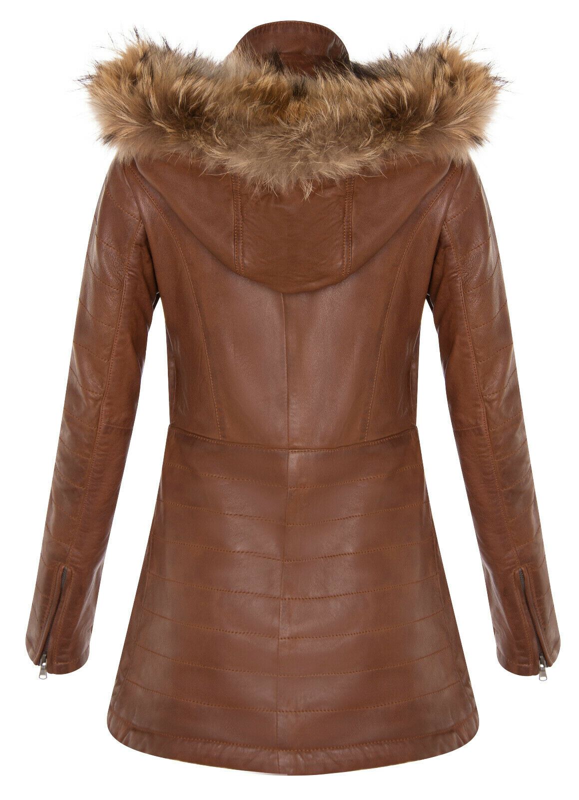 Womens Slim Fit Leather Hooded Parka Jacket-Northam