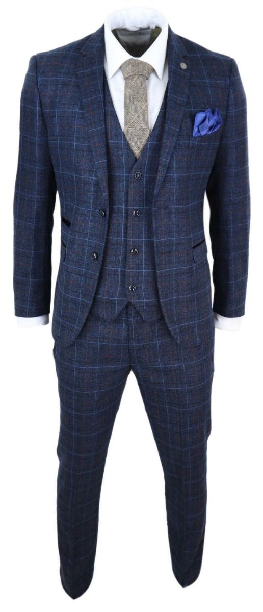 Mens 3 Piece Navy Blue Tweed Check Vintage Suit