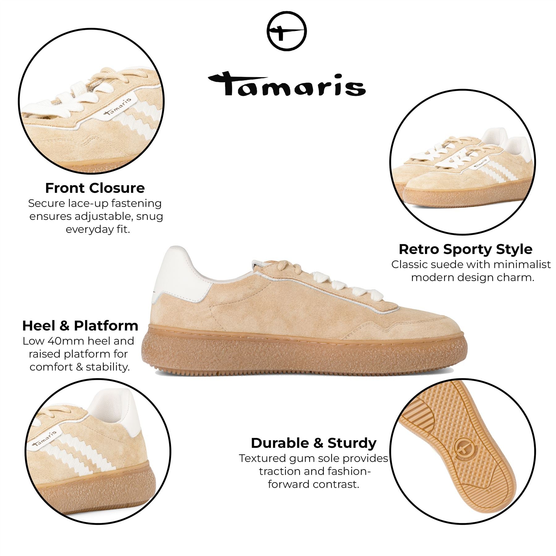 Tamaris Womens Beige White Leather Fashion Stripe Lace Up Sneakers