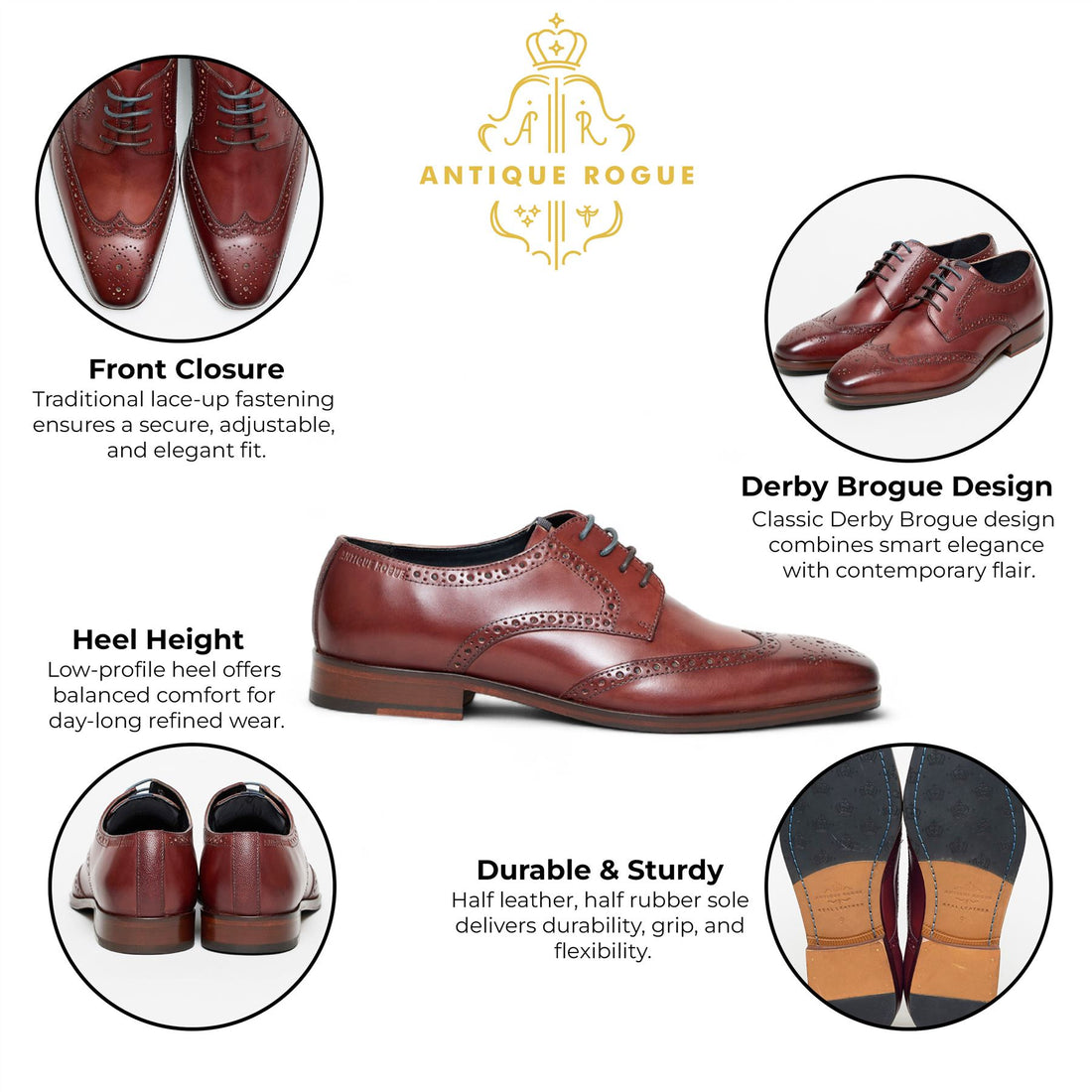 Antique Rogue Men’s Burgundy Leather Oxford Derby Brogue - Luca