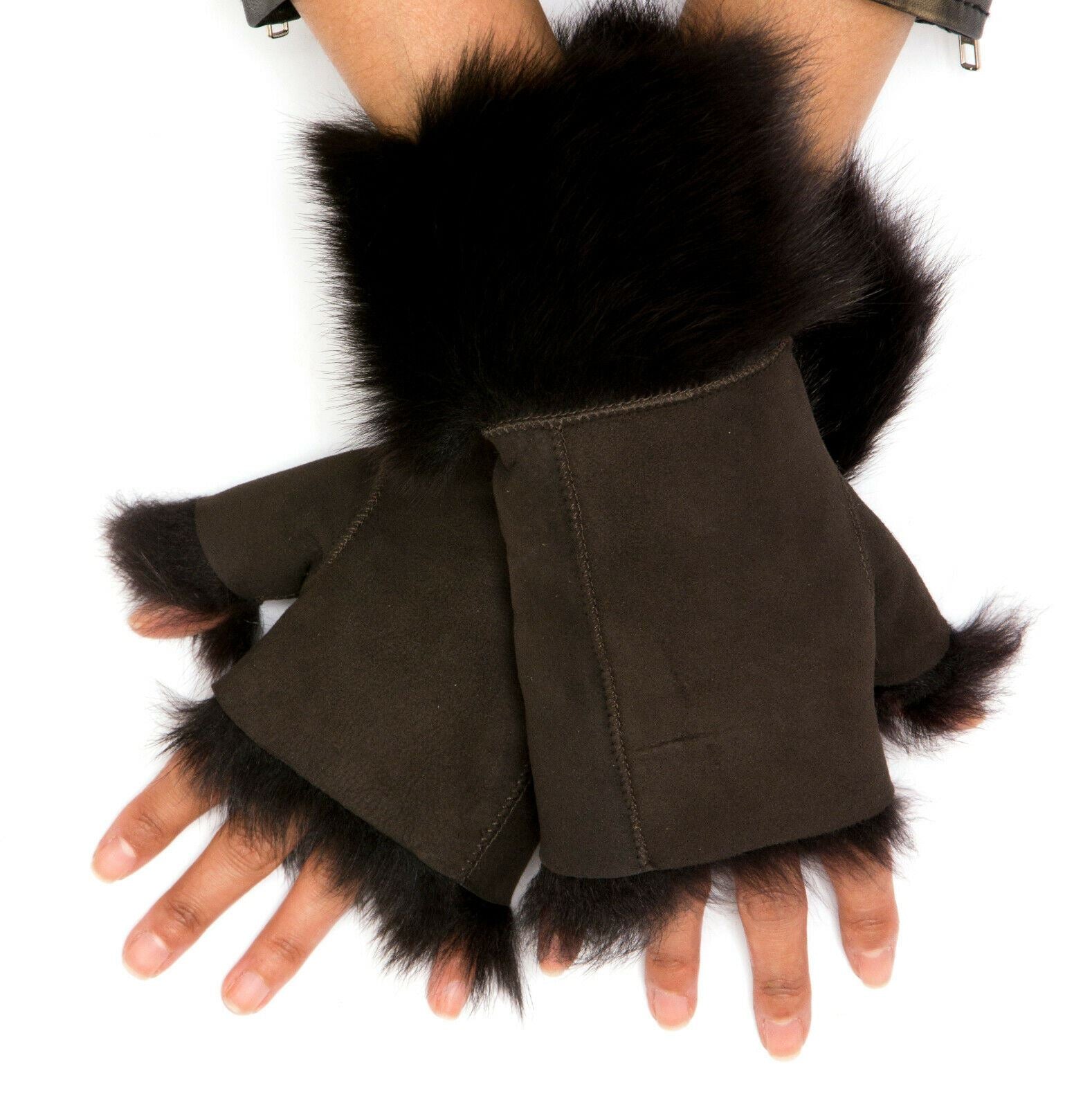 Womens Shearling Mittens Fingerless Cuffs Toscana Suede Sheepskin Fur