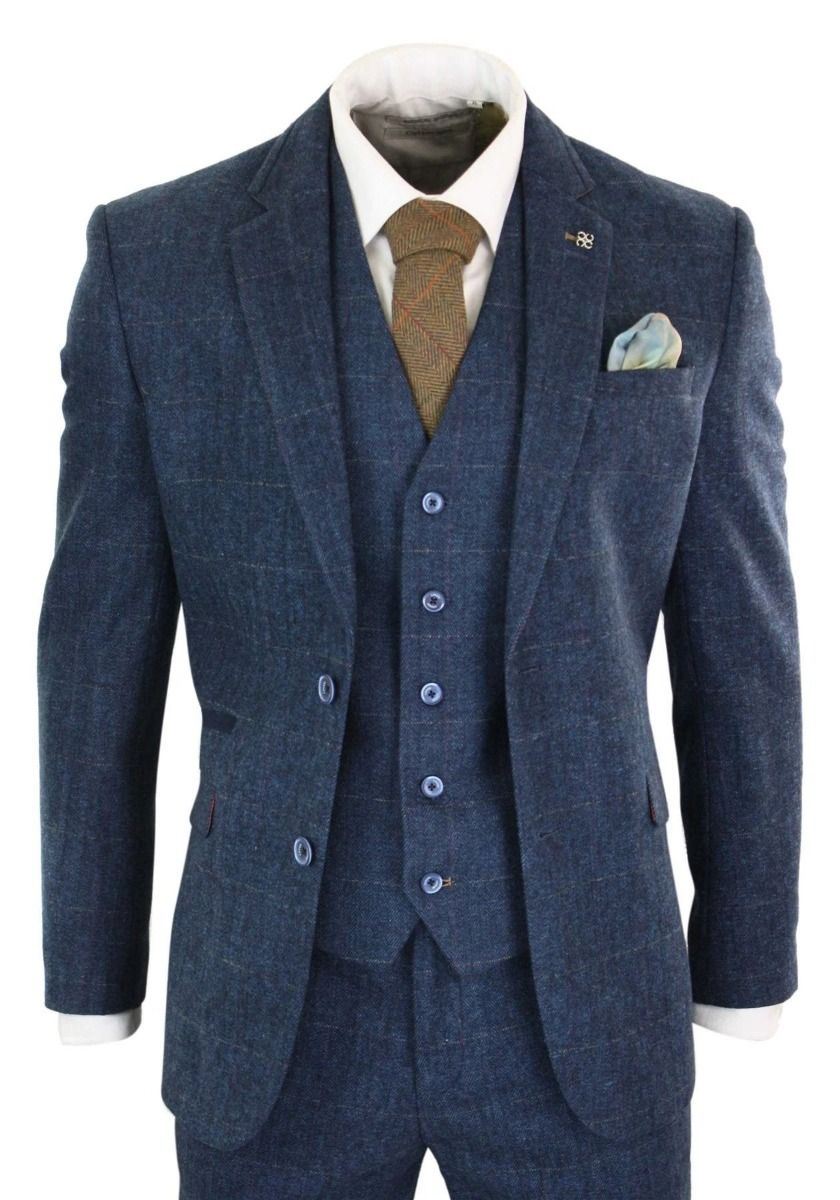 Mens 3 Piece Navy Blue Tweed Herringbone Vintage Classic Suit