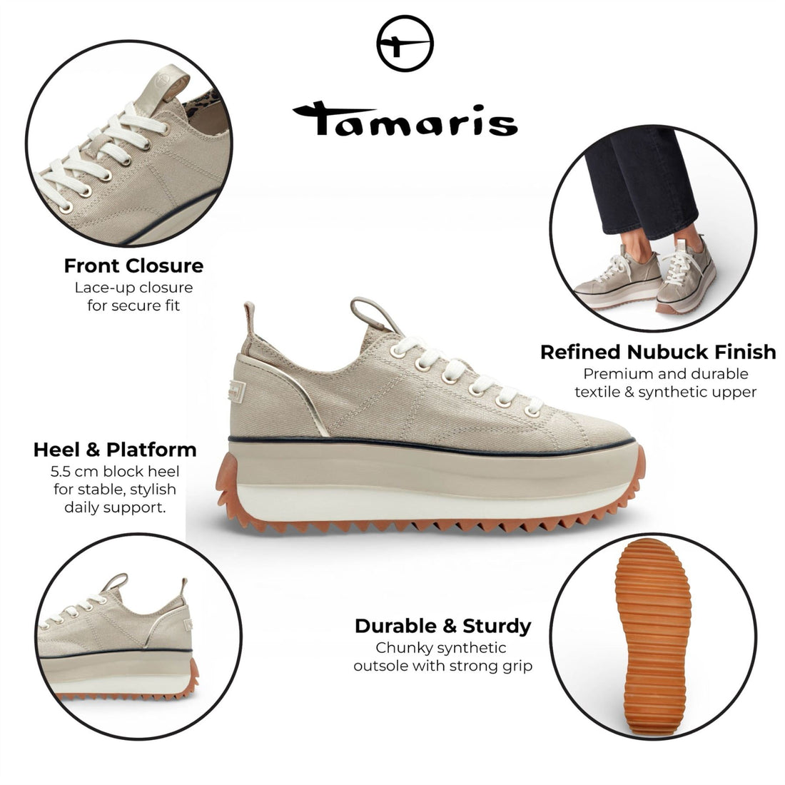 Tamaris Women’s Platform Trainers Beige Lace-Up Sneaker Shoes