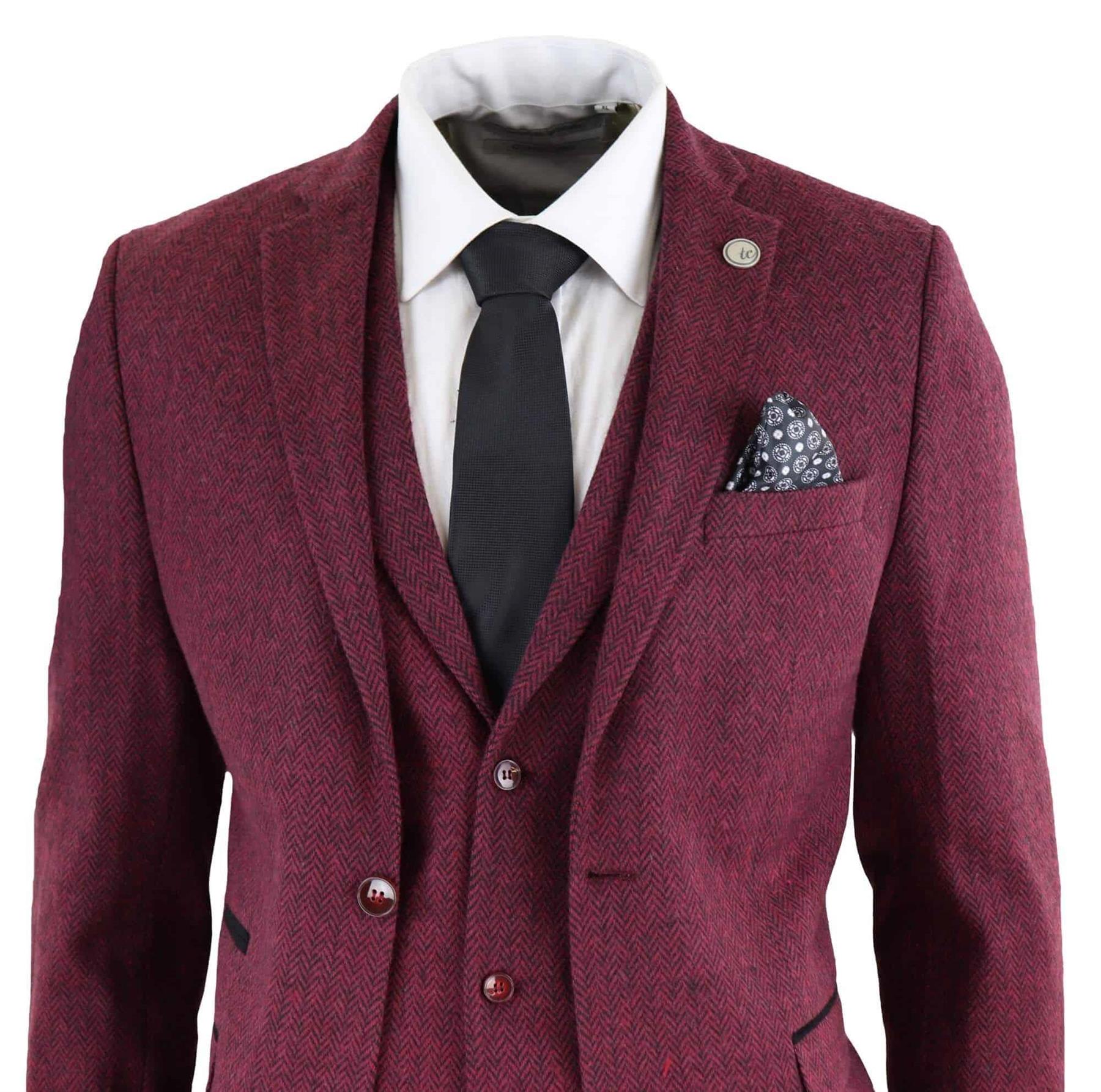 Mens 3 Piece Wine Herringbone Wool Tweed Retro Suit