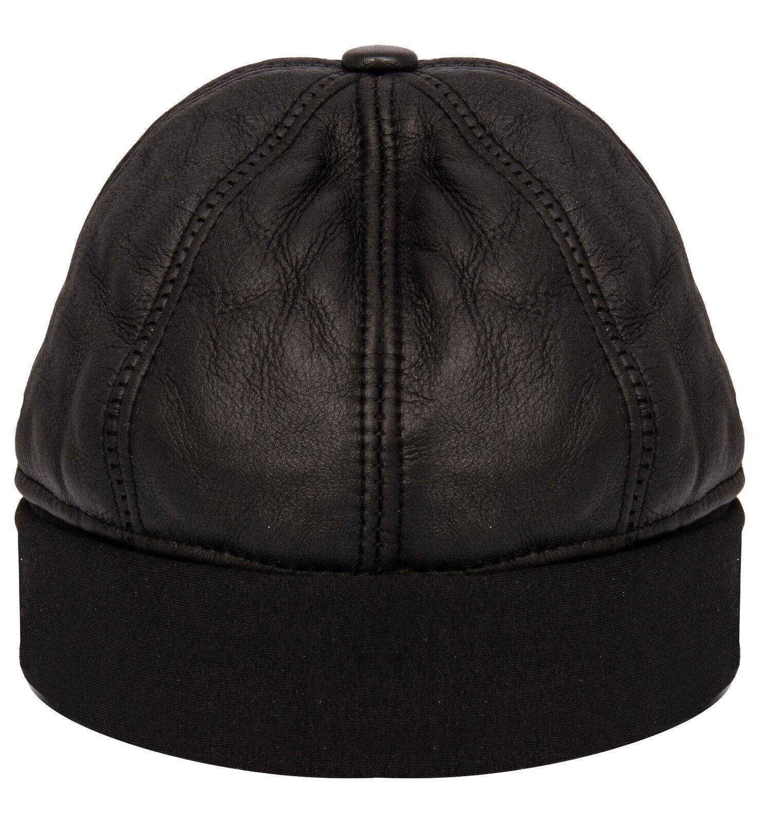 Mens Leather Black Beanie Hat 100% Sheepskin Winter 6 Panel Hat One size