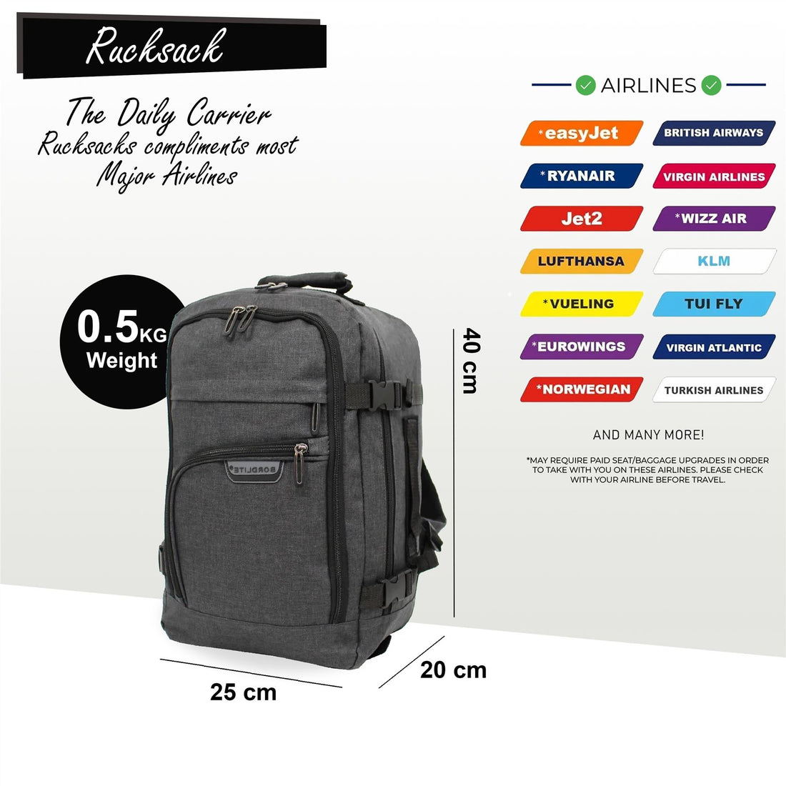 Rucksack Backpack 40x20 x25 cm Underseat Travel Cabin Bag for Easy Jet, Ryanair Black