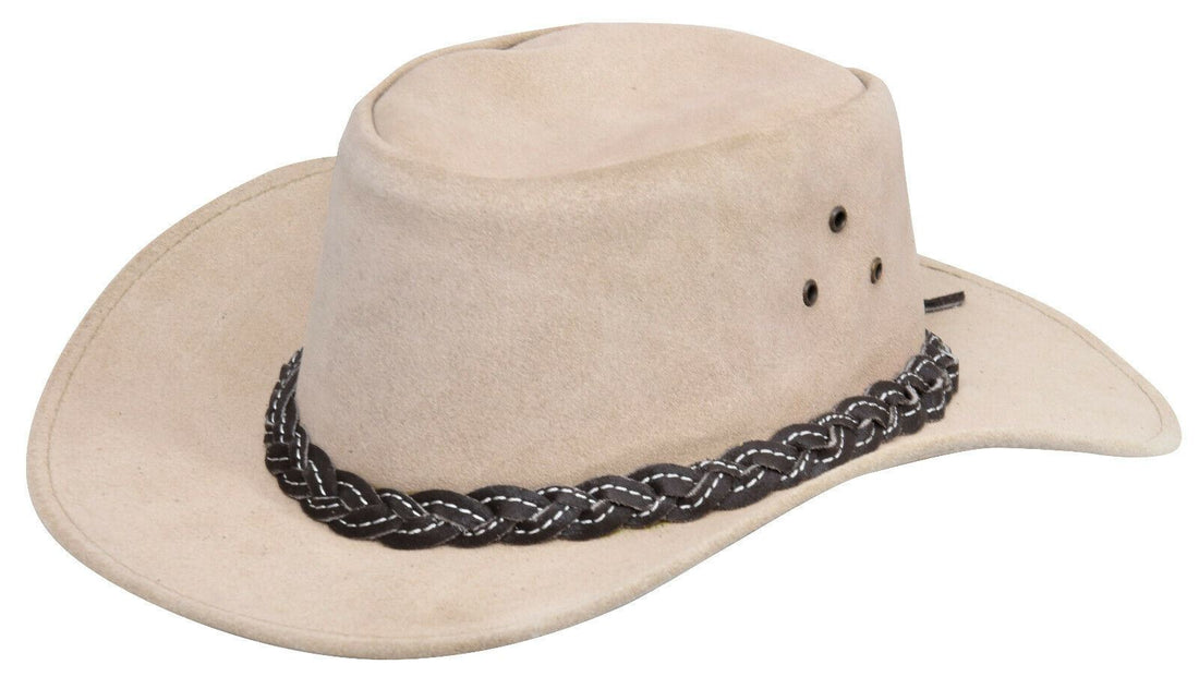 Australian Beige Western Style Cowboy Outback Real Suede Aussie Bush Hat - Upperclass Fashions 