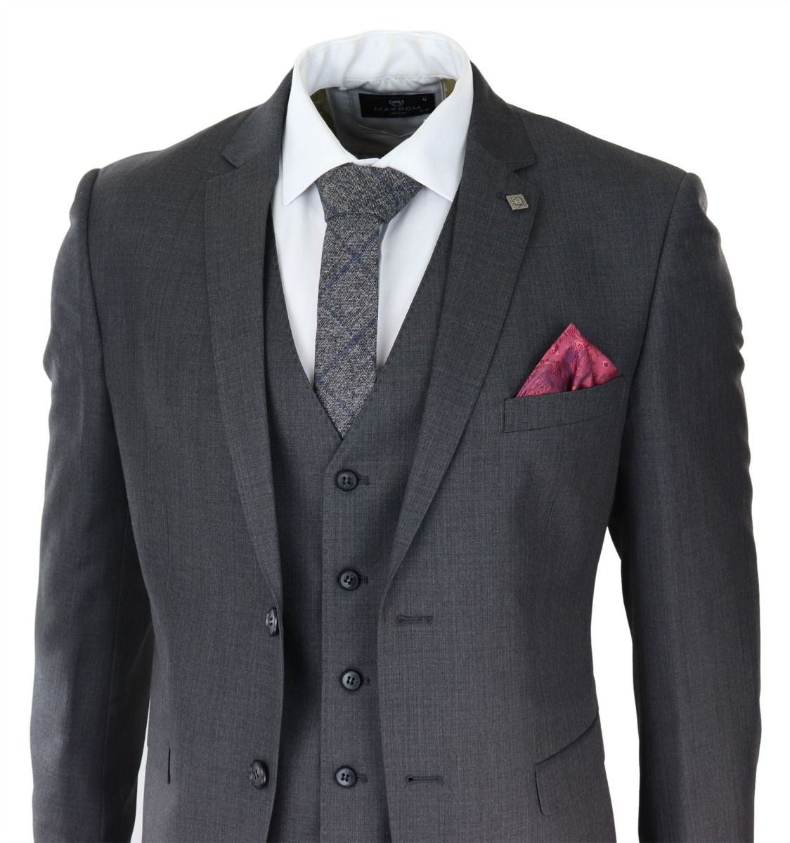 Mens 3 Piece Charcoal Grey Classic Stitch Retro Suit