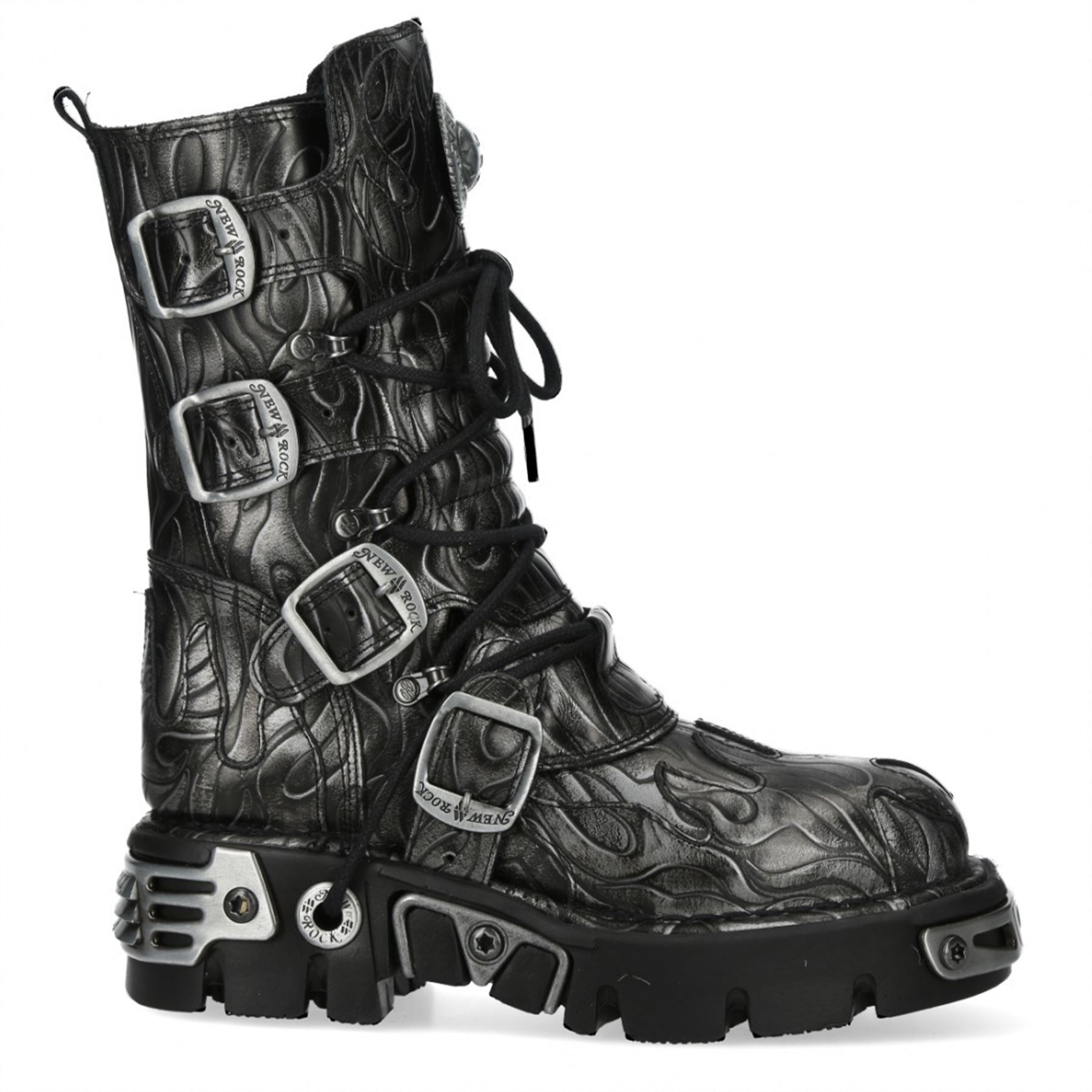New Rock M-591-C63 Mid-Calf High Black Steel Leather Metallic Gothic Boots