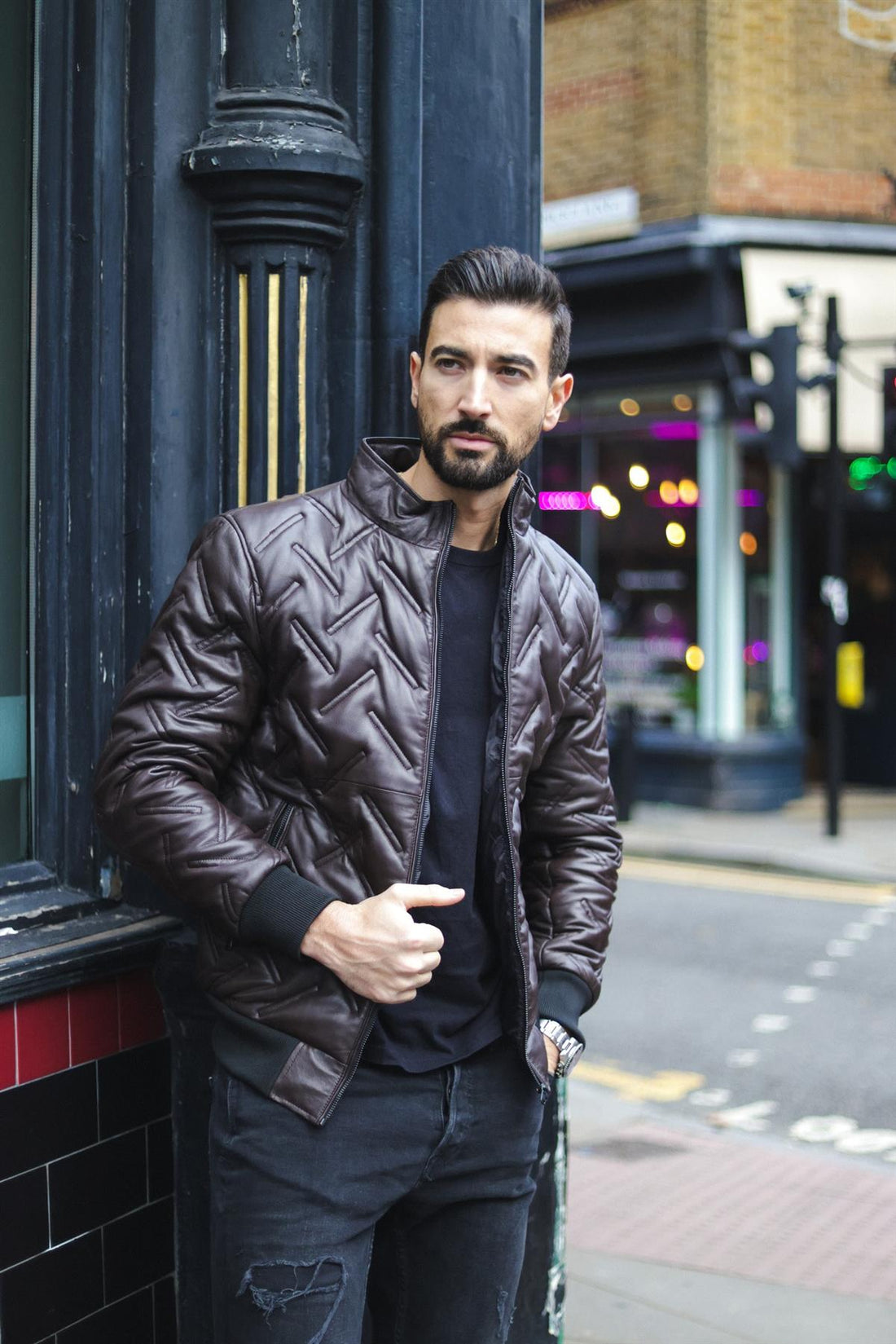 Mens Quilted Leather Bomber Jacket - Taunton