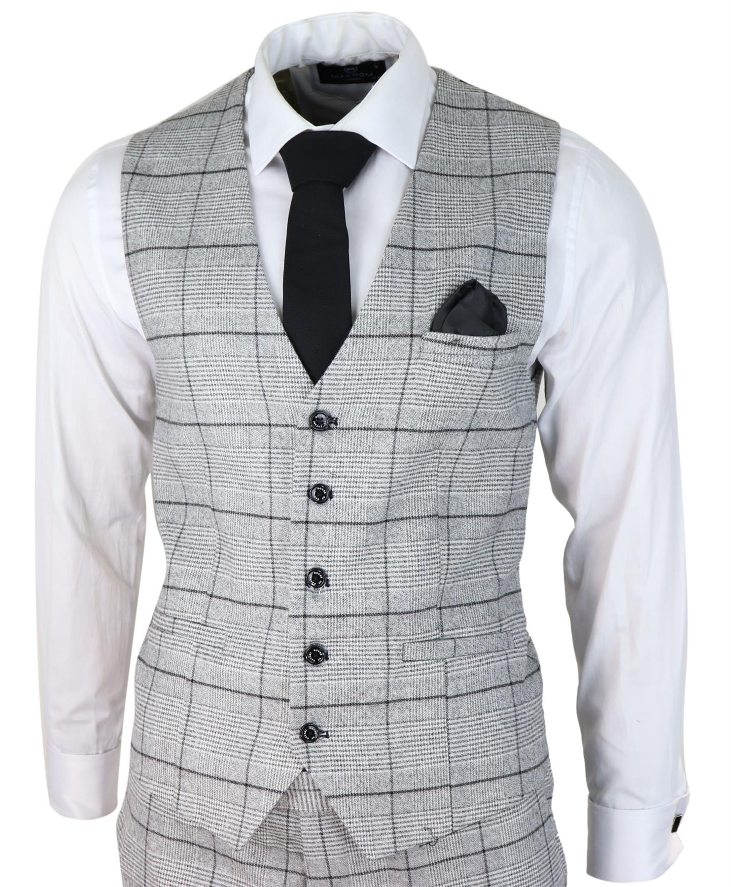 Mens 3 Piece Tweed Suit Grey Check Peaky Blinders 1920 Gatsby Wedding Suit