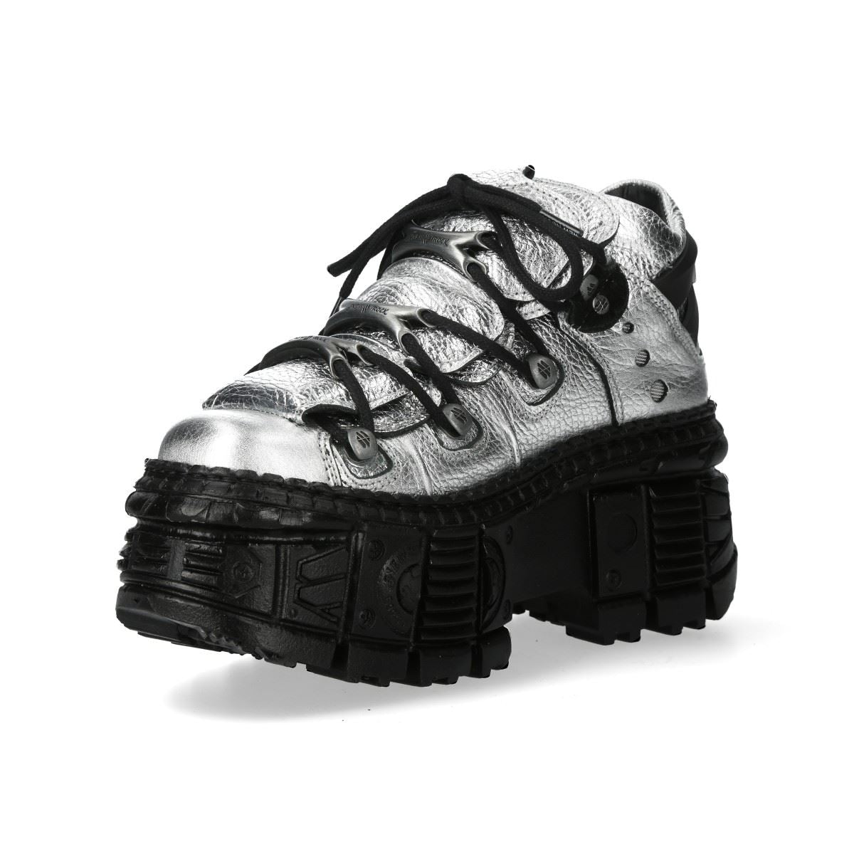 New Rock M-106WALL-C16 Metallic Silver Black Leather Gothic Ankle Boots