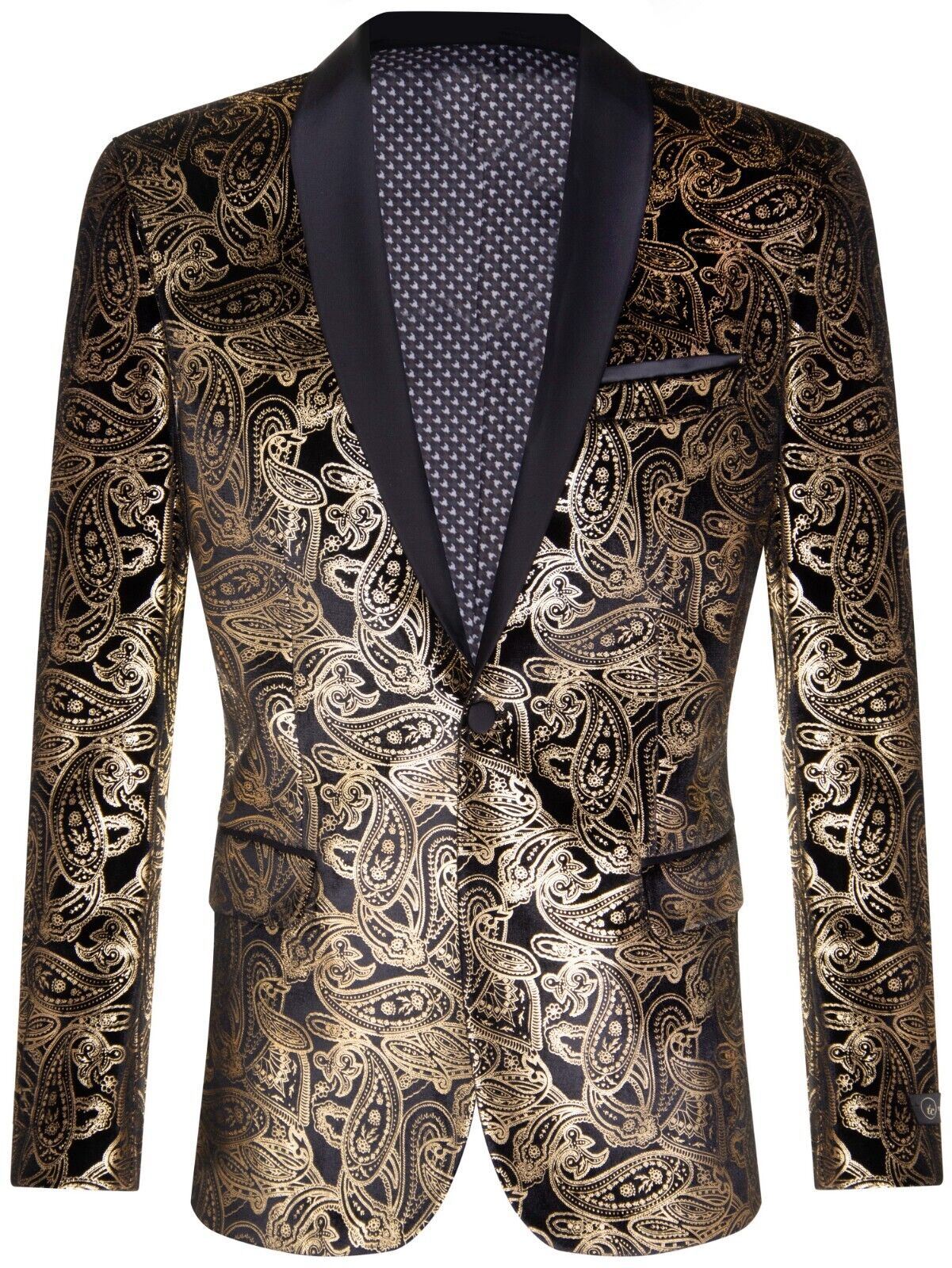 Mens Classic Gold Paisley Black Velvet Tuxedo Dinner Jacket Tailored Fit Blazer