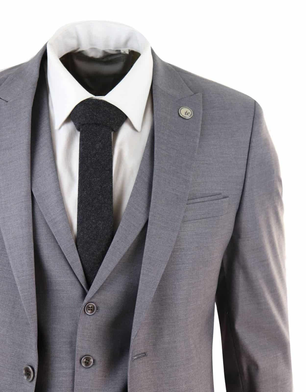 New Mens 3 Piece Suit Plain Grey Classic Tailored Fit Smart Casual 1920s Formal