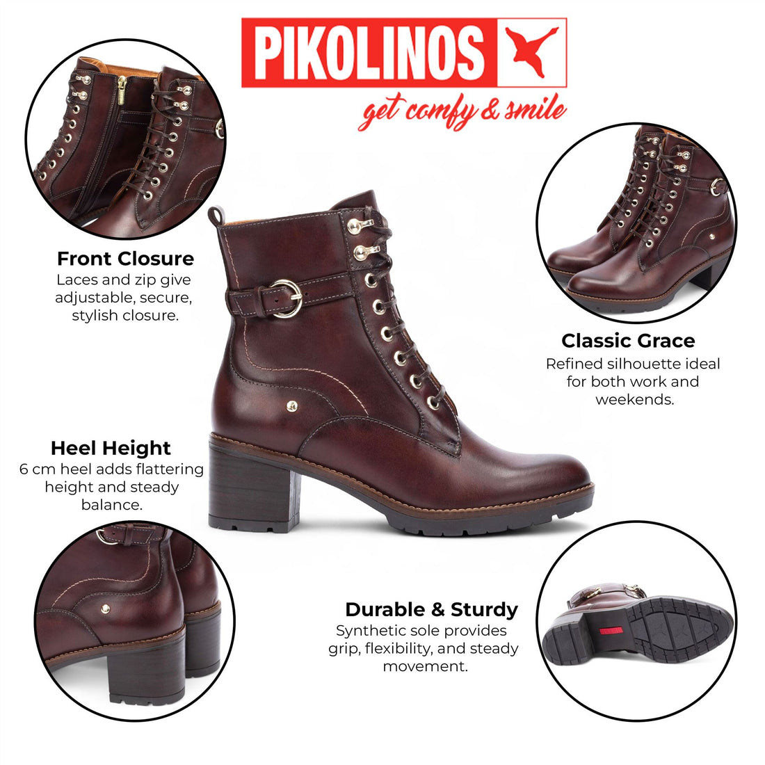 Pikolinos Women’s Caoba Brown Leather Mid-Heel Combat Ankle Boots - Llanes