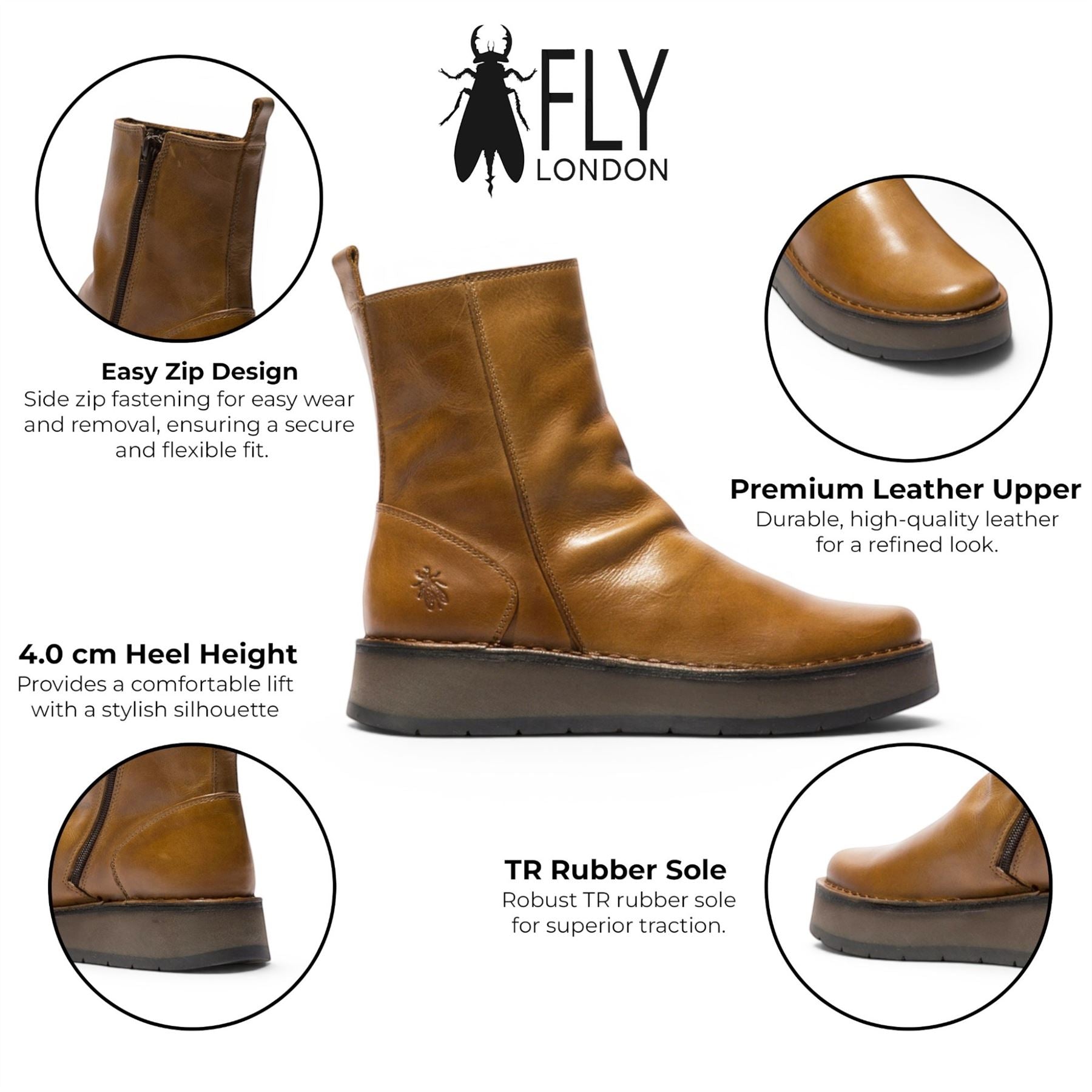 Fly London Womens Tan Leather Zip Up Platform Ankle Boots - RENO053FLY