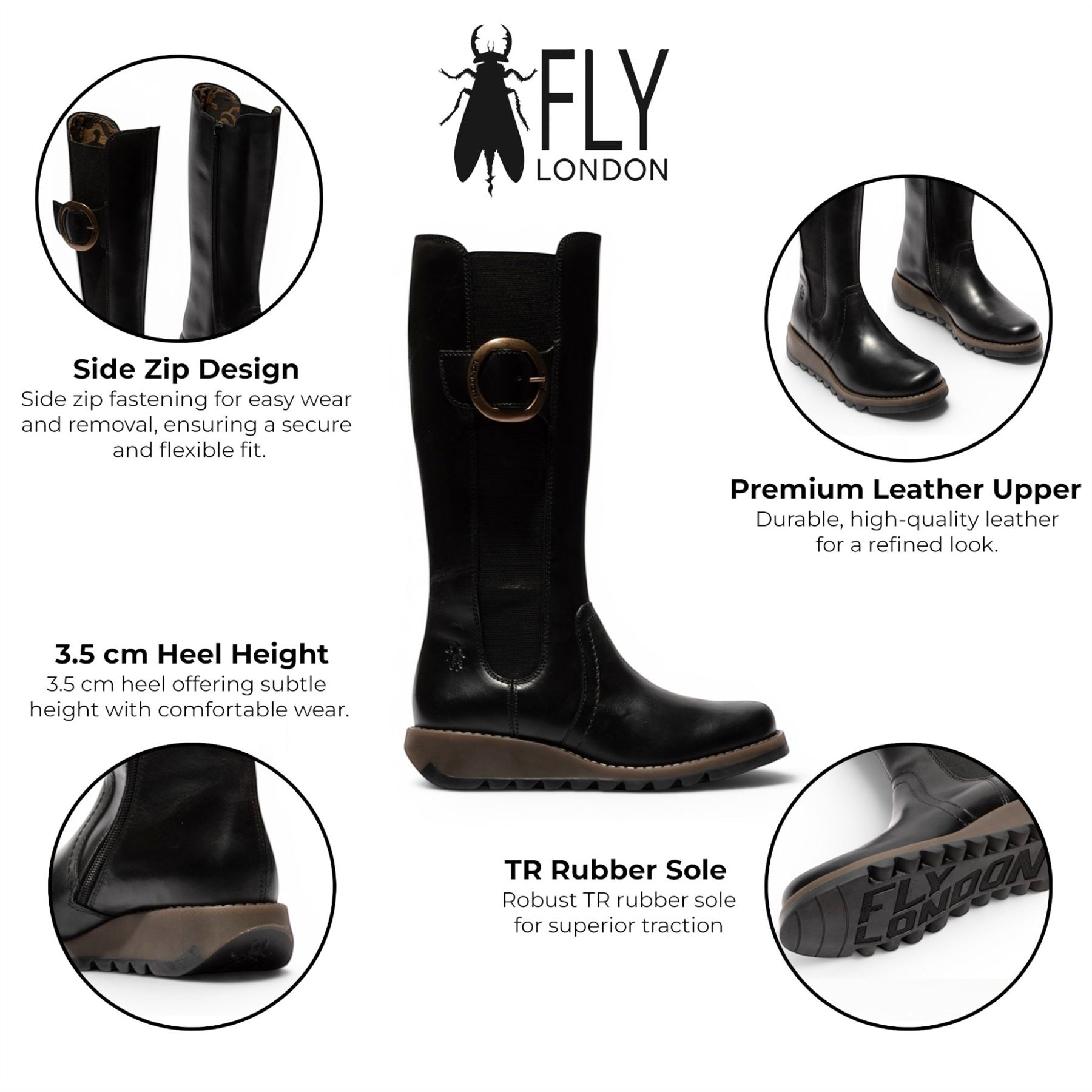 Fly London Womens Black Leather Knee-High Long Boots - SOIF361