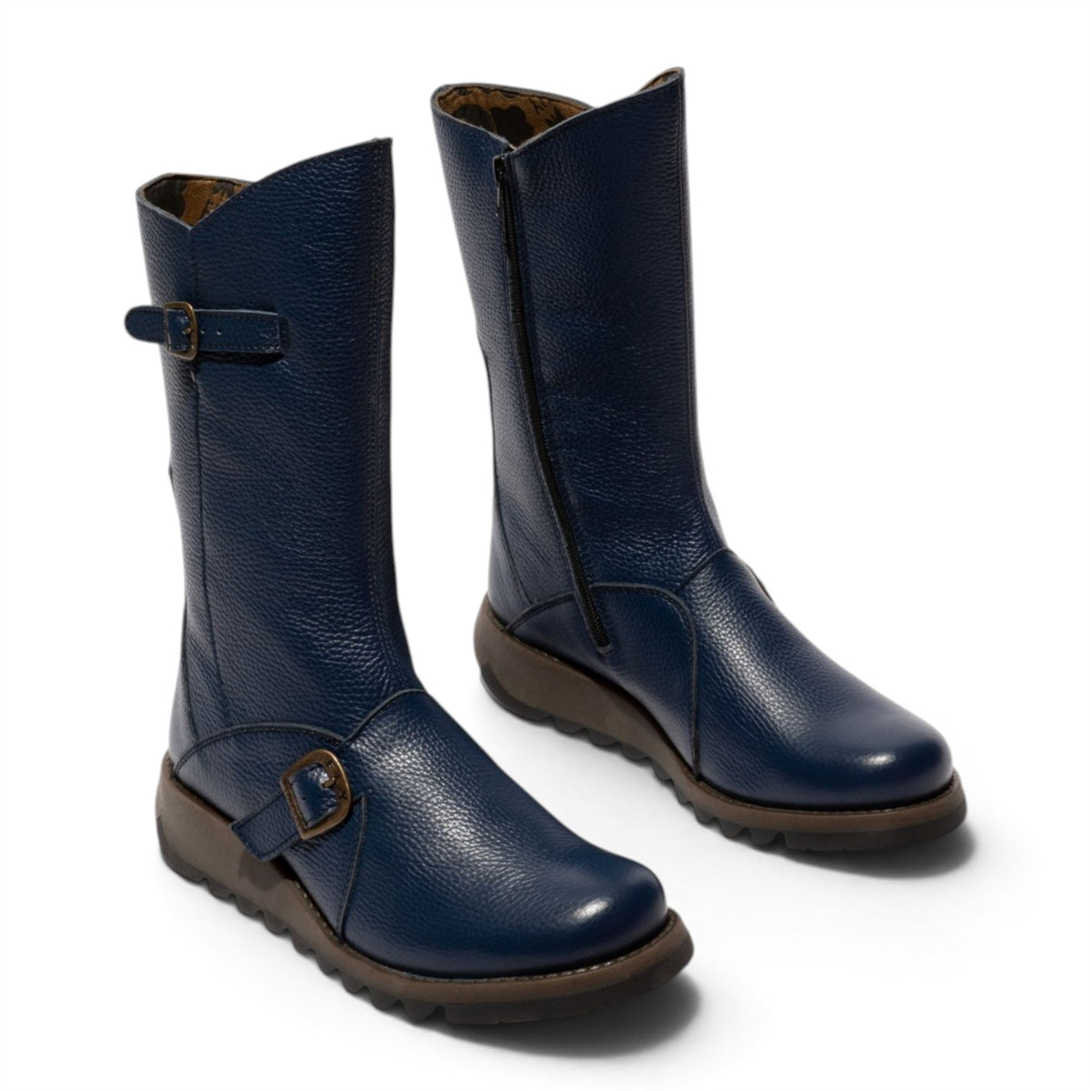 Fly London Womens Navy Blue Leather Mid-Calf Long Boots - MES2913