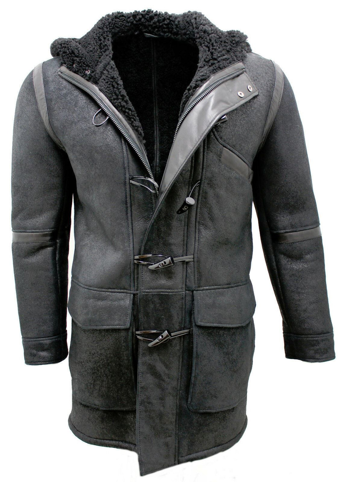 Mens Sheepskin Leather Hooded Duffle Coat-Langport