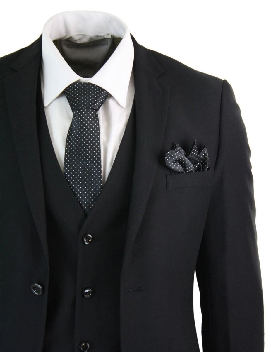 Mens 3 Piece Plain Black Classic Retro Suit