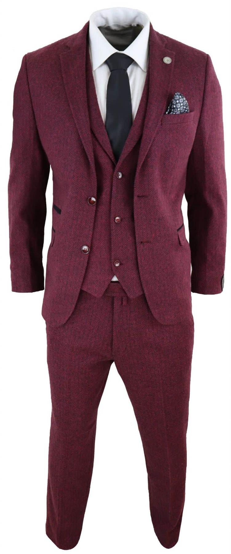 Mens 3 Piece Wine Herringbone Wool Tweed Retro Suit