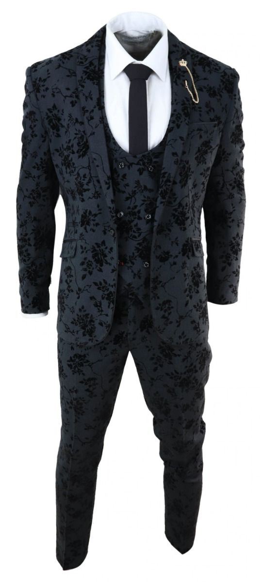 Mens 3 Piece Black Paisley Velvet Dinner Suit