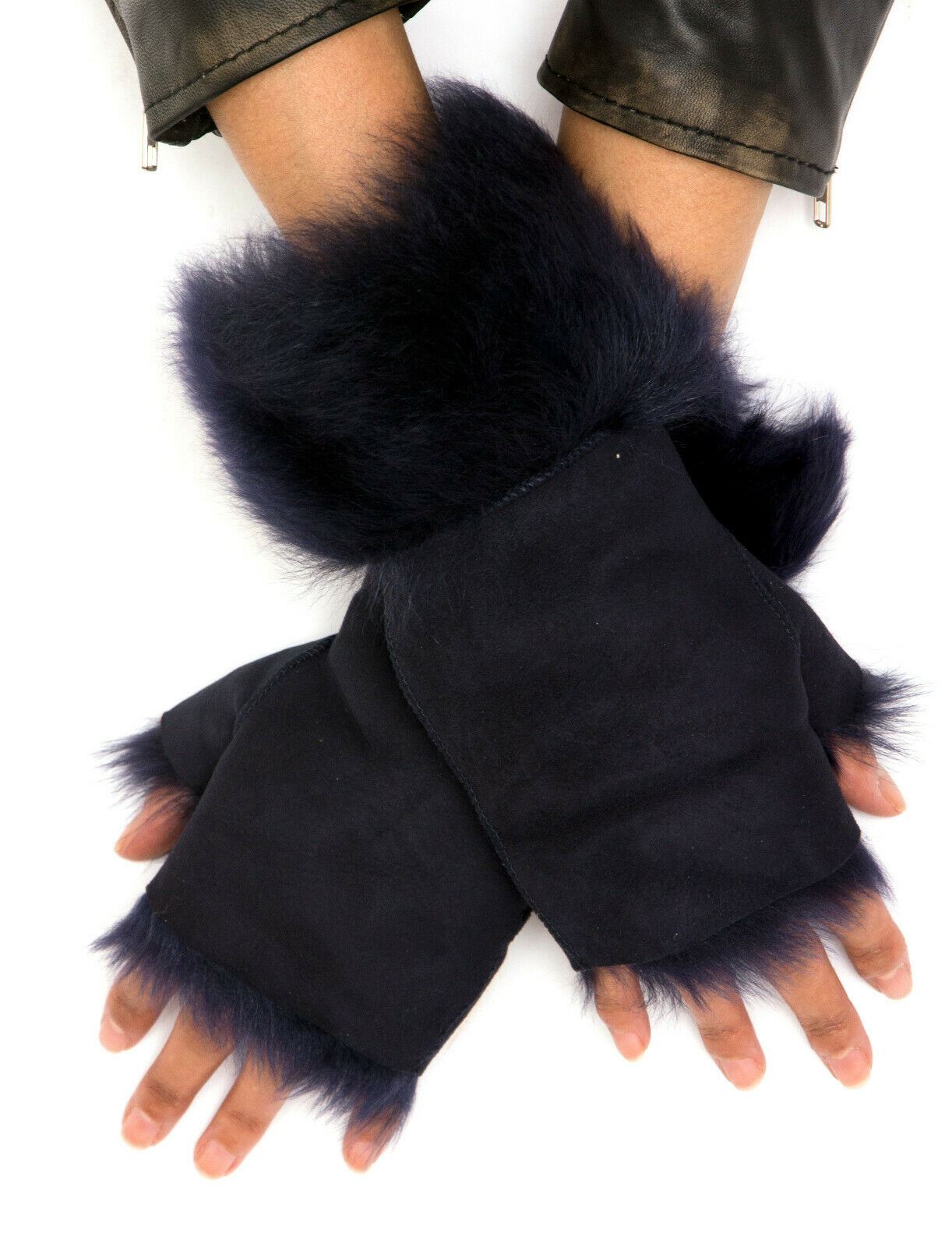 Womens Shearling Mittens Fingerless Cuffs Toscana Suede Sheepskin Fur