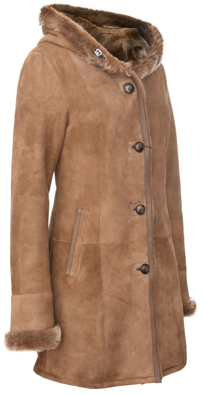 Womens Suede Merino Sheepskin Hooded Coat-Richmond