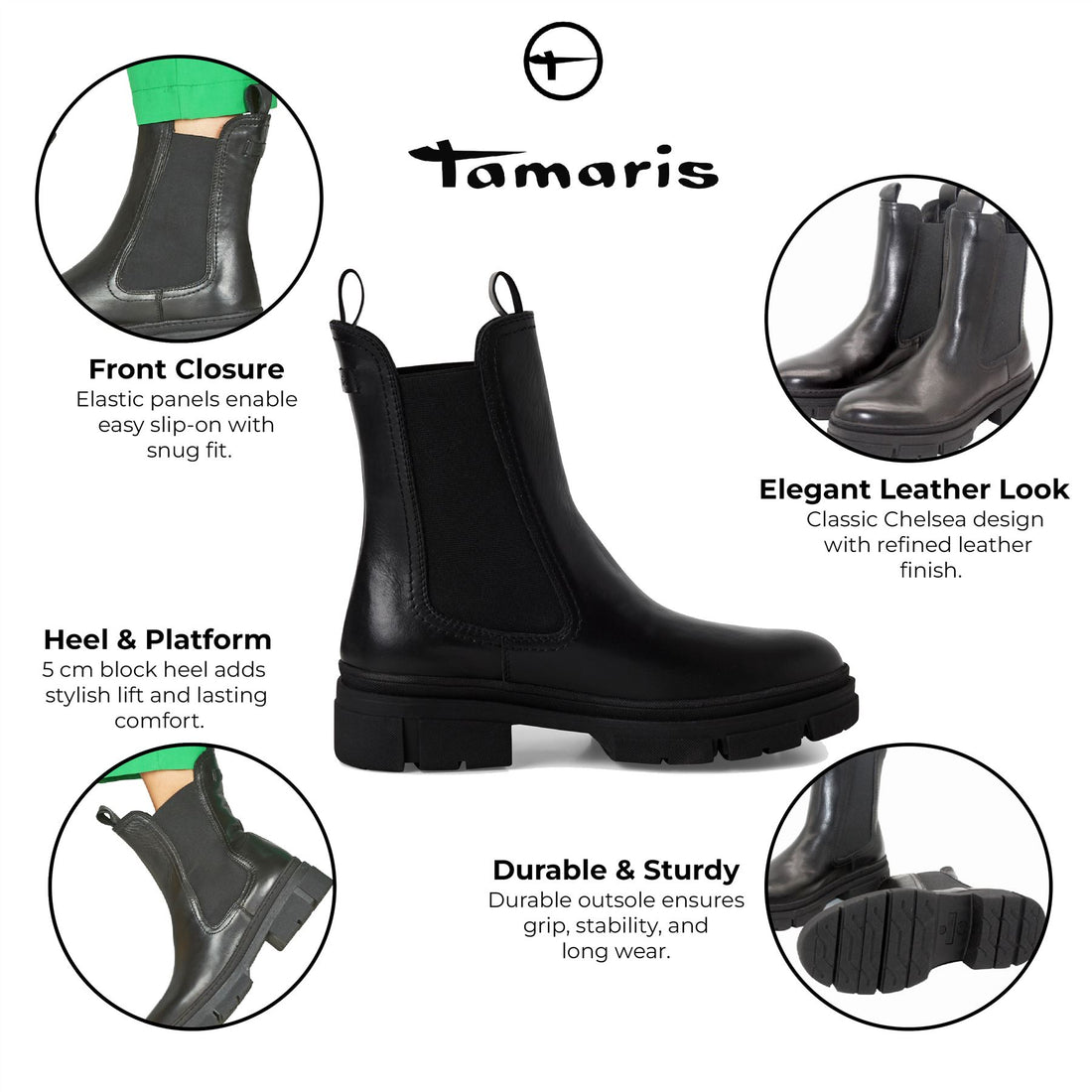 Tamaris Womens Black Leather Classic High Pull-On Chelsea Ankle Boots