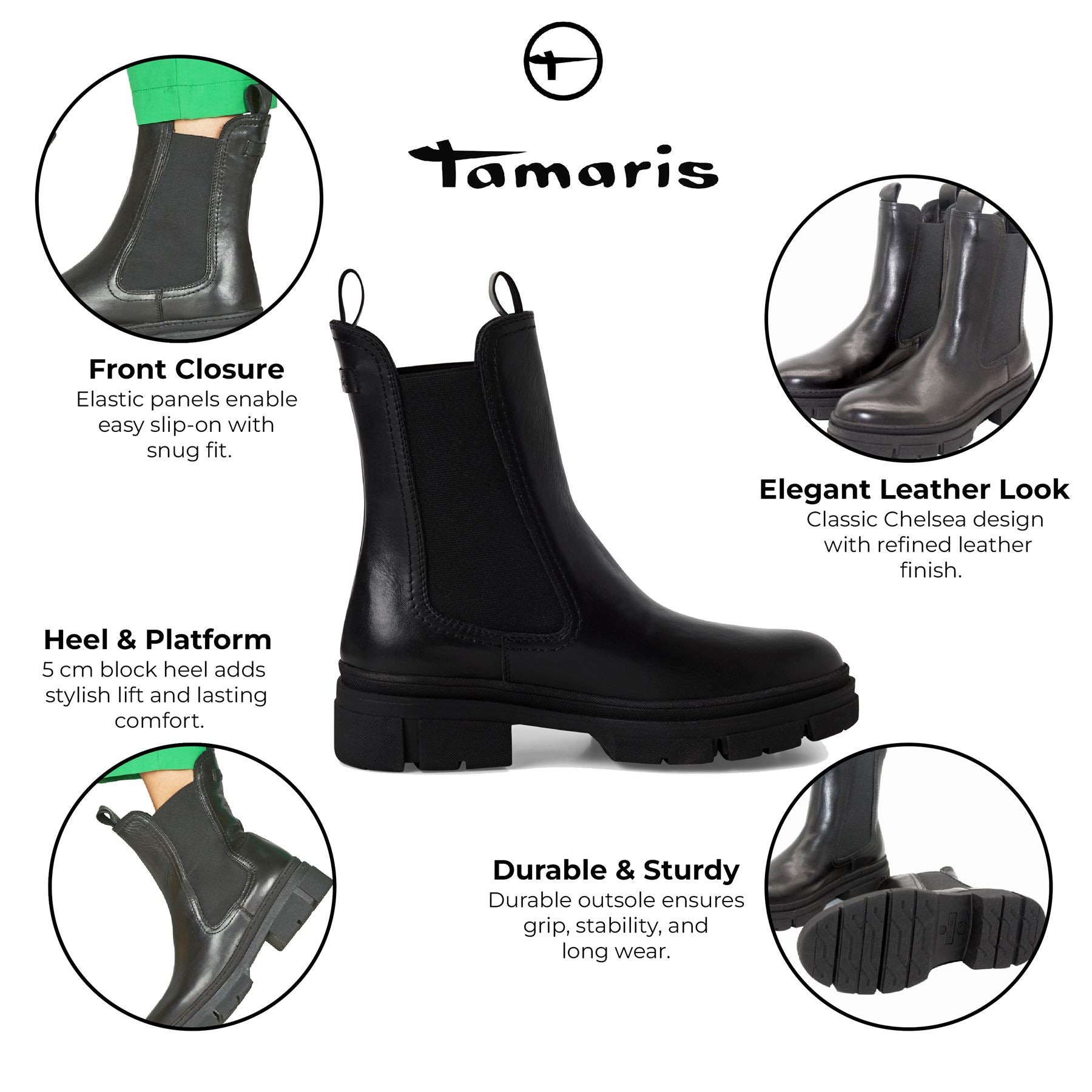 Tamaris Womens Black Leather Classic High Pull-On Chelsea Ankle Boots