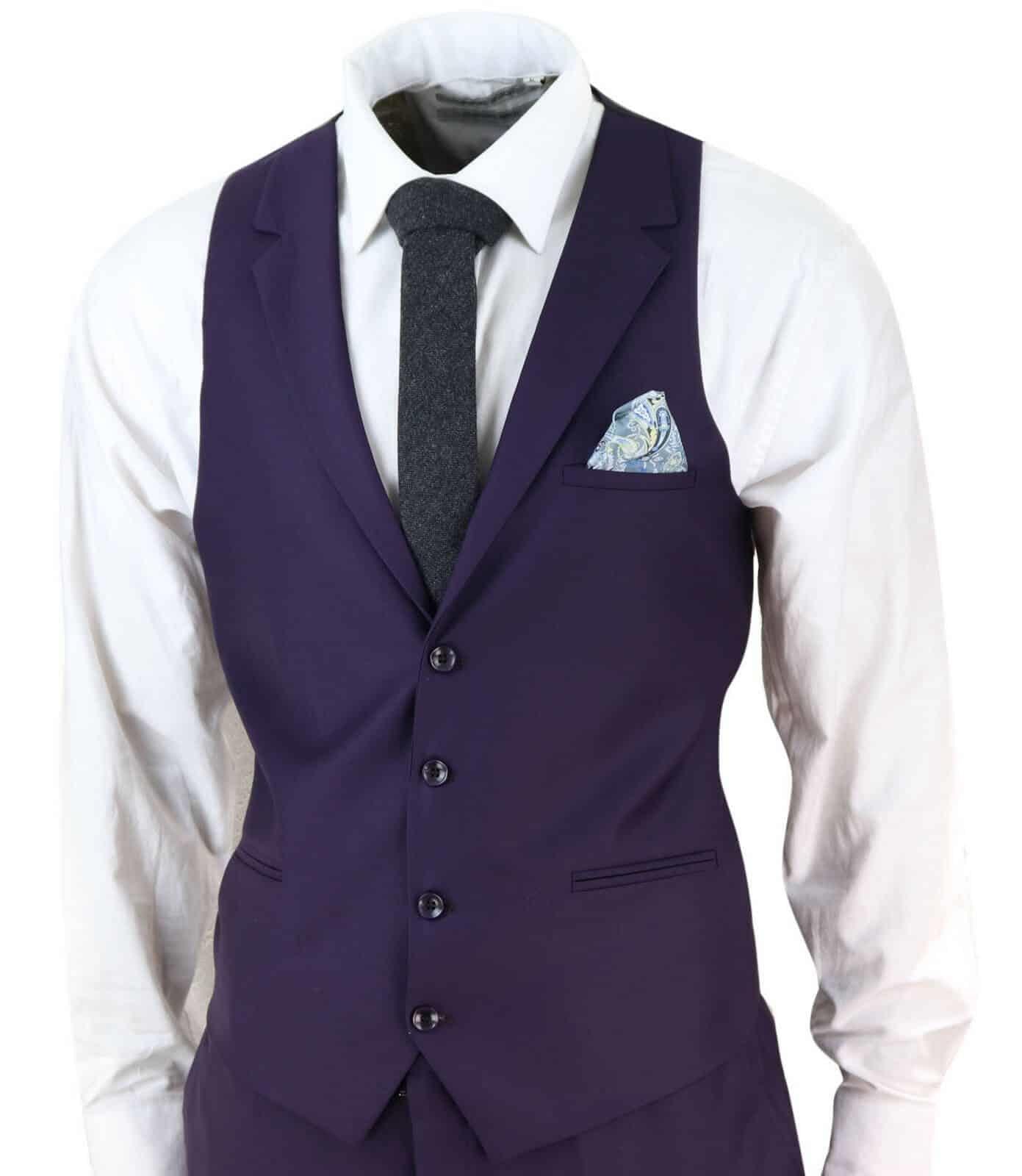 New Mens 3 Piece Suit Plain Purple Classic Tailored Fit Smart Casual 1920s Formal