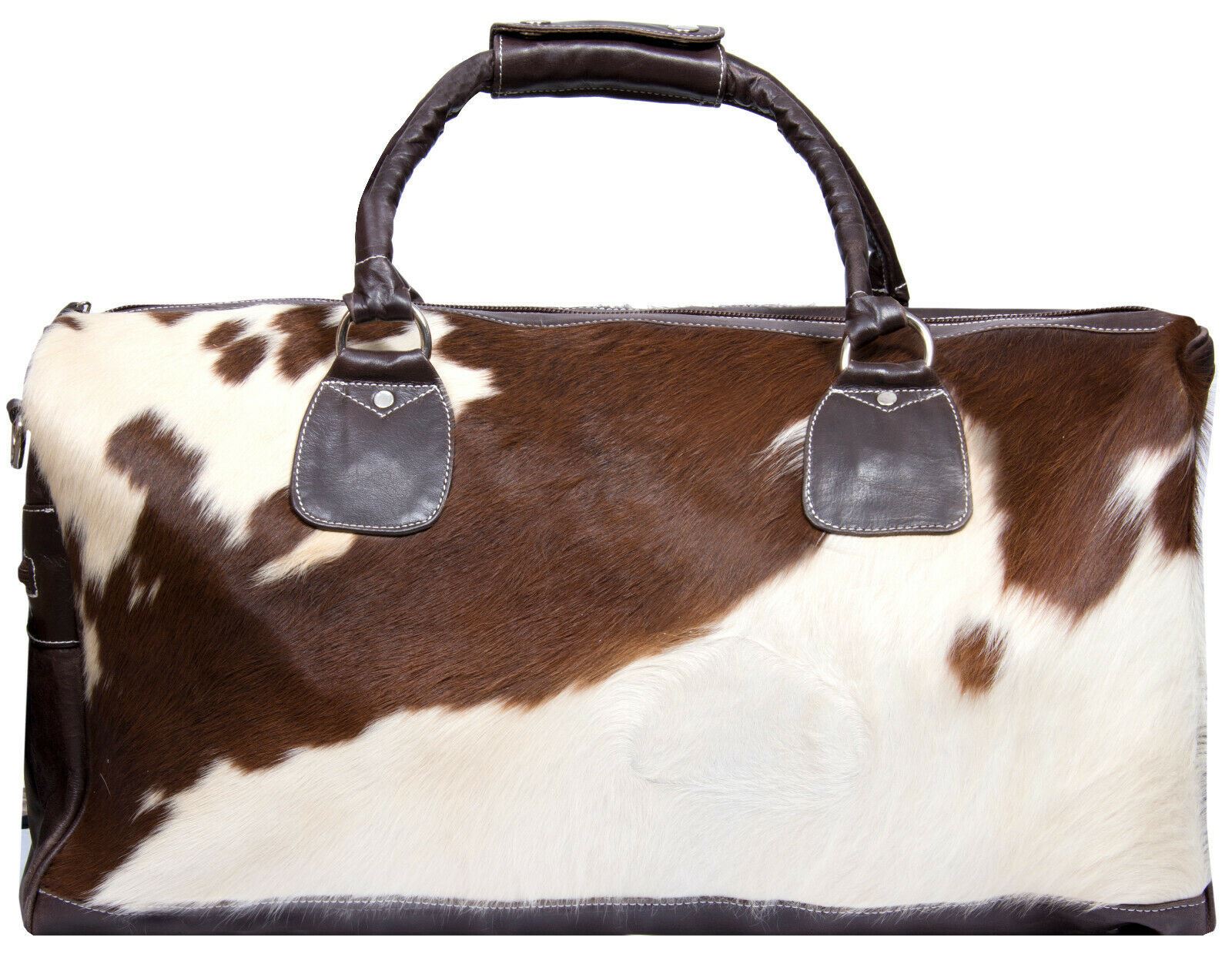 Deluxe Leather Holdall Bag Genuine Cowhide & Cow Fur Weekend Duffel Travel
