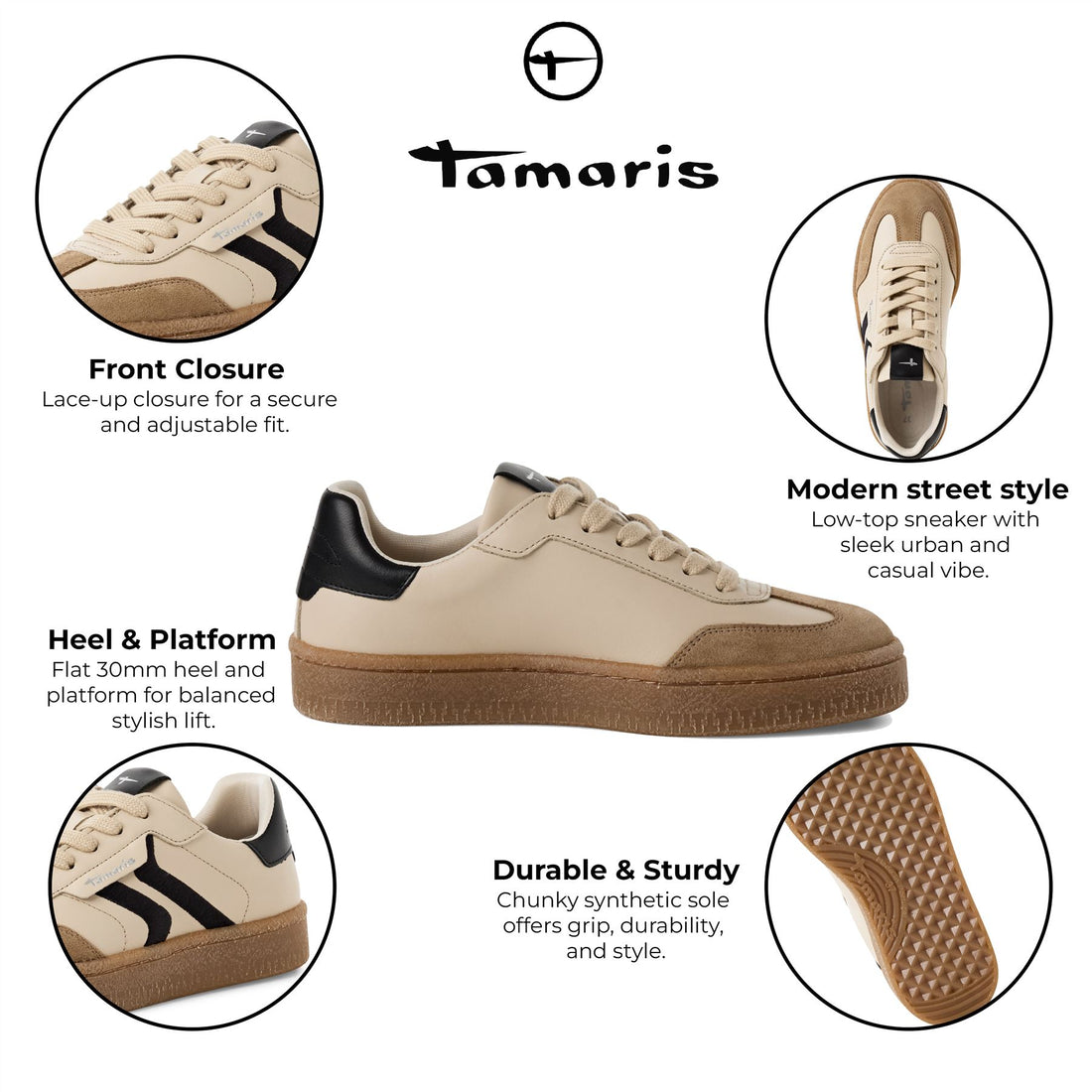 Tamaris Womens Beige Suede Leather Fashion Lace Up Sneakers