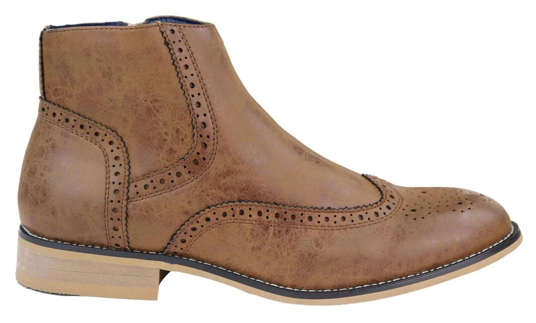 Mens Tan Leather Brogue Zip Up Chelsea Boots - Upperclass Fashions 