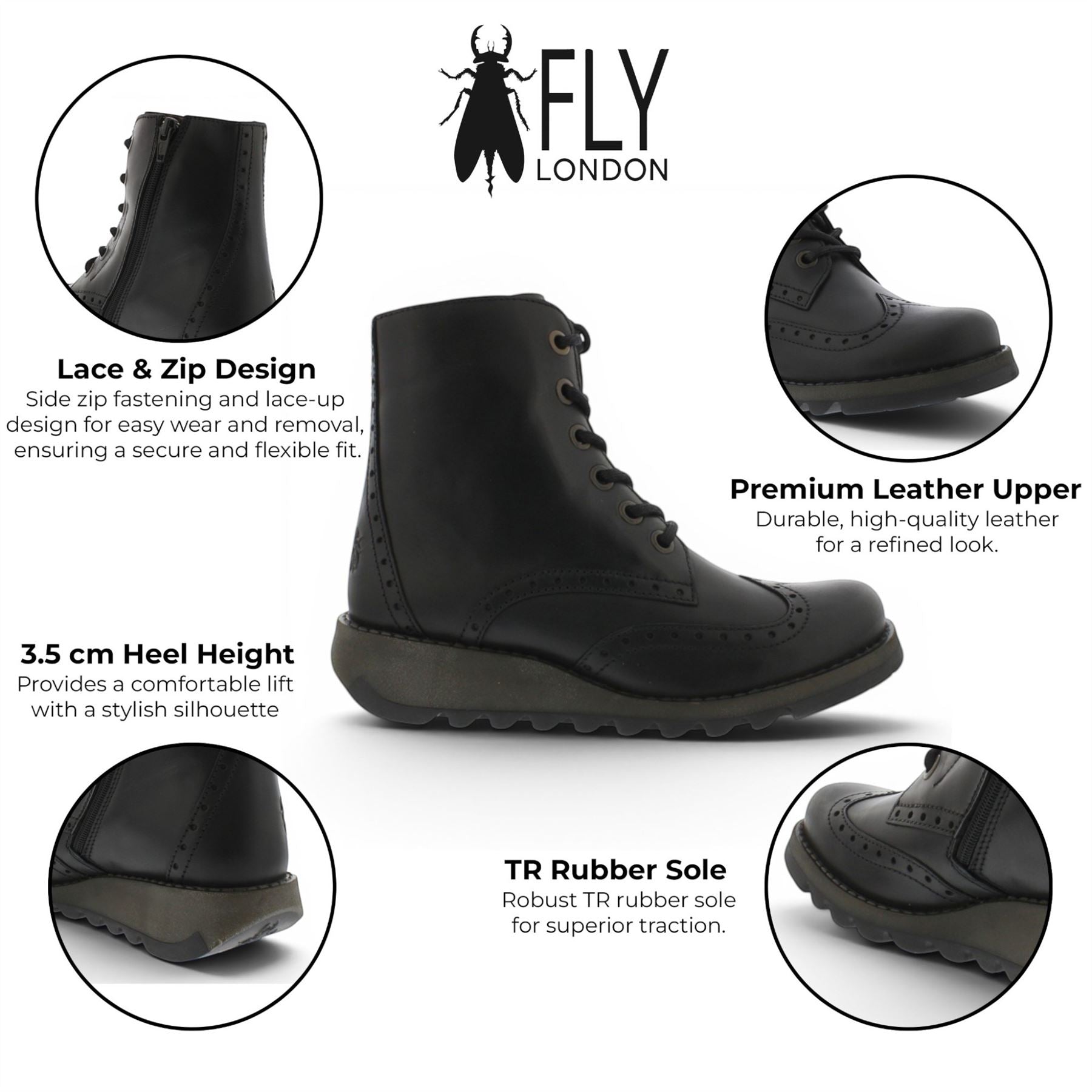 Fly London Women’s Black Leather Lace-Up Ankle Boots- SARL069