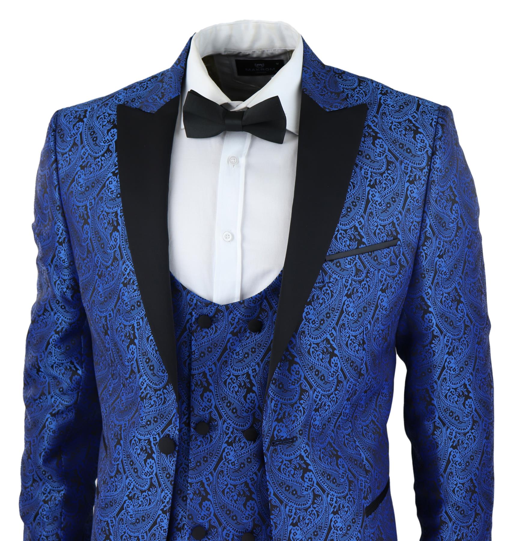 Mens Blue Tuxedo Blazer Waistcoat Brocade Black Satin Paisley Dinner Jacket