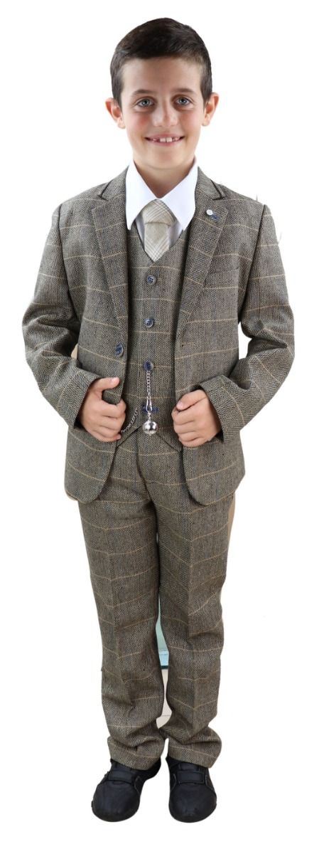 Boys 3 Piece Tan Brown Herringbone Tweed Check Classic Suit