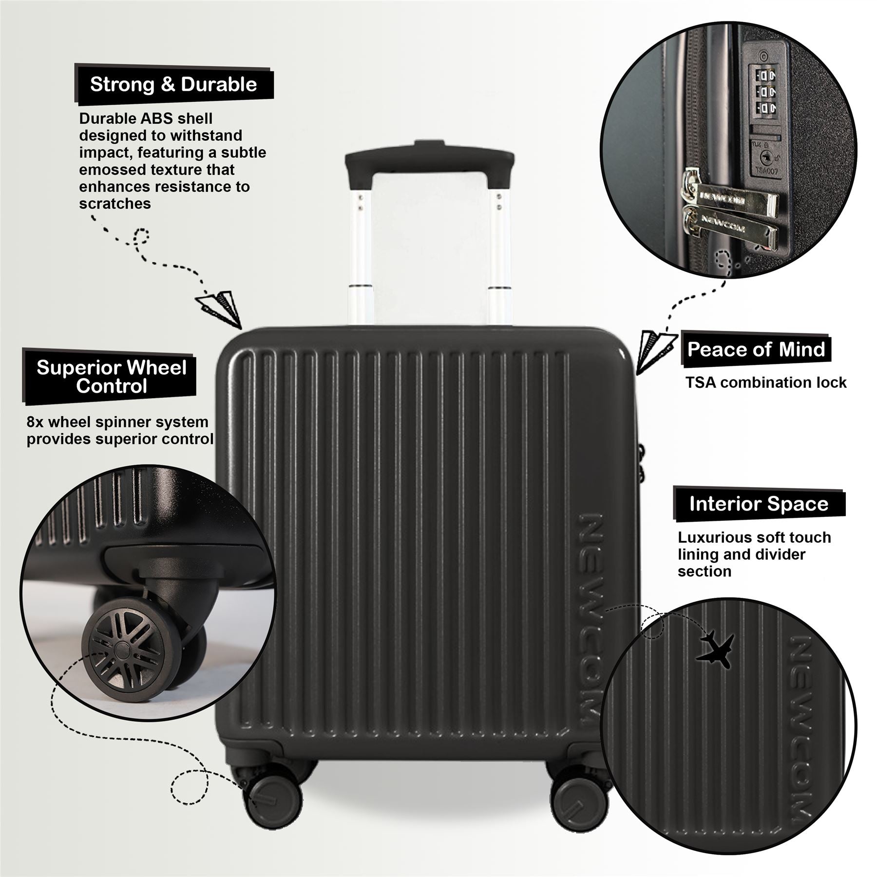 Hard Shell Cabin 44 x 22 x 38 cm Black TSA Secure Luggage Suitcase Suitable for Easyjet, Ryanair