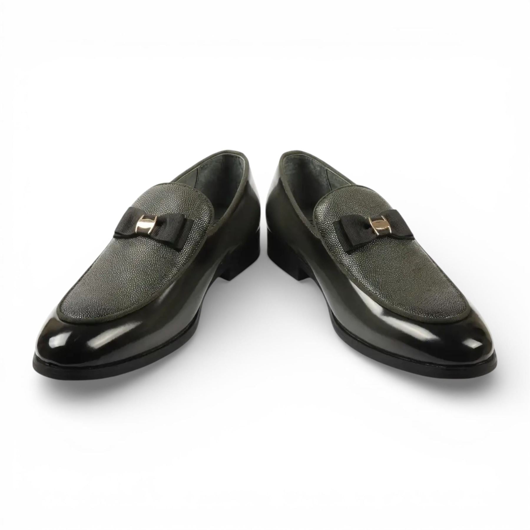 Mens Olive Green Textured Front Iconic Buckle Bow Loafers Shoes