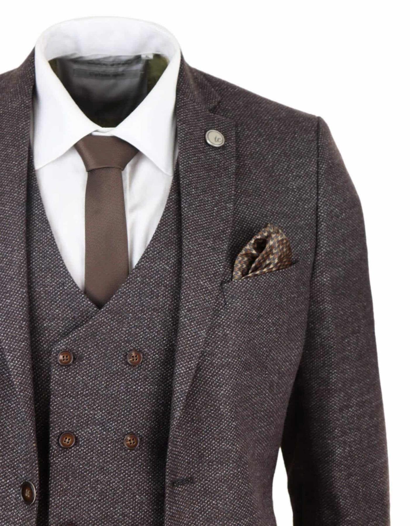 Mens Brown Wool 3 Piece Suit Double Breasted Tweed Peaky Blinders 1920