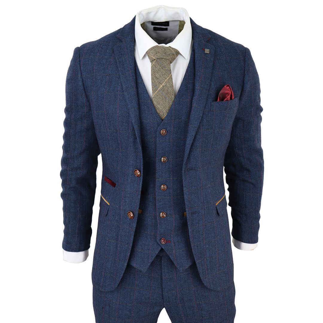 Mens Blue Tweed Check 3-Piece Suit - Upperclass Fashions 