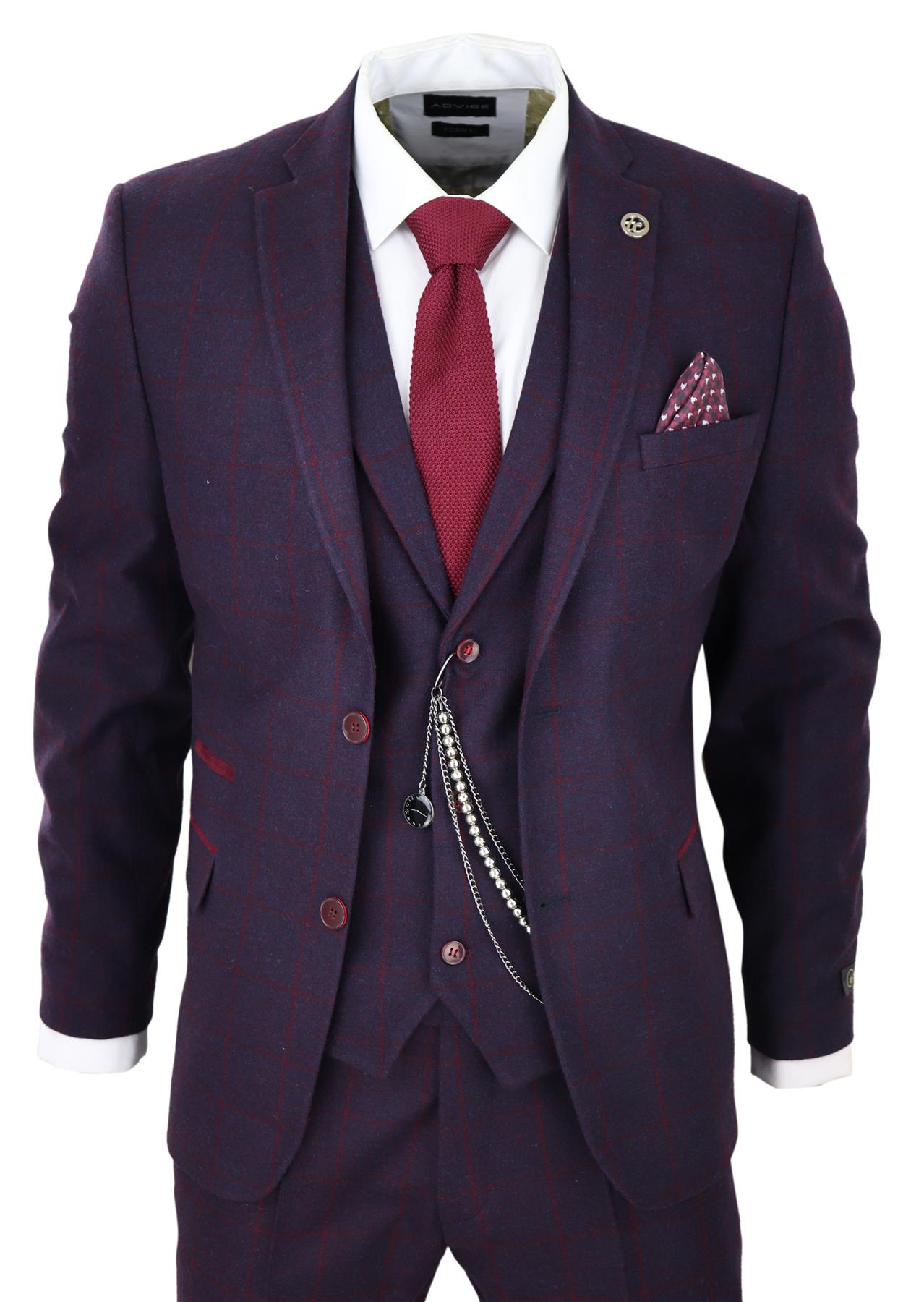 Mens 3 Piece Tweed Suit Plum Purple Check Peaky Blinders Classic 1920 Gatsby