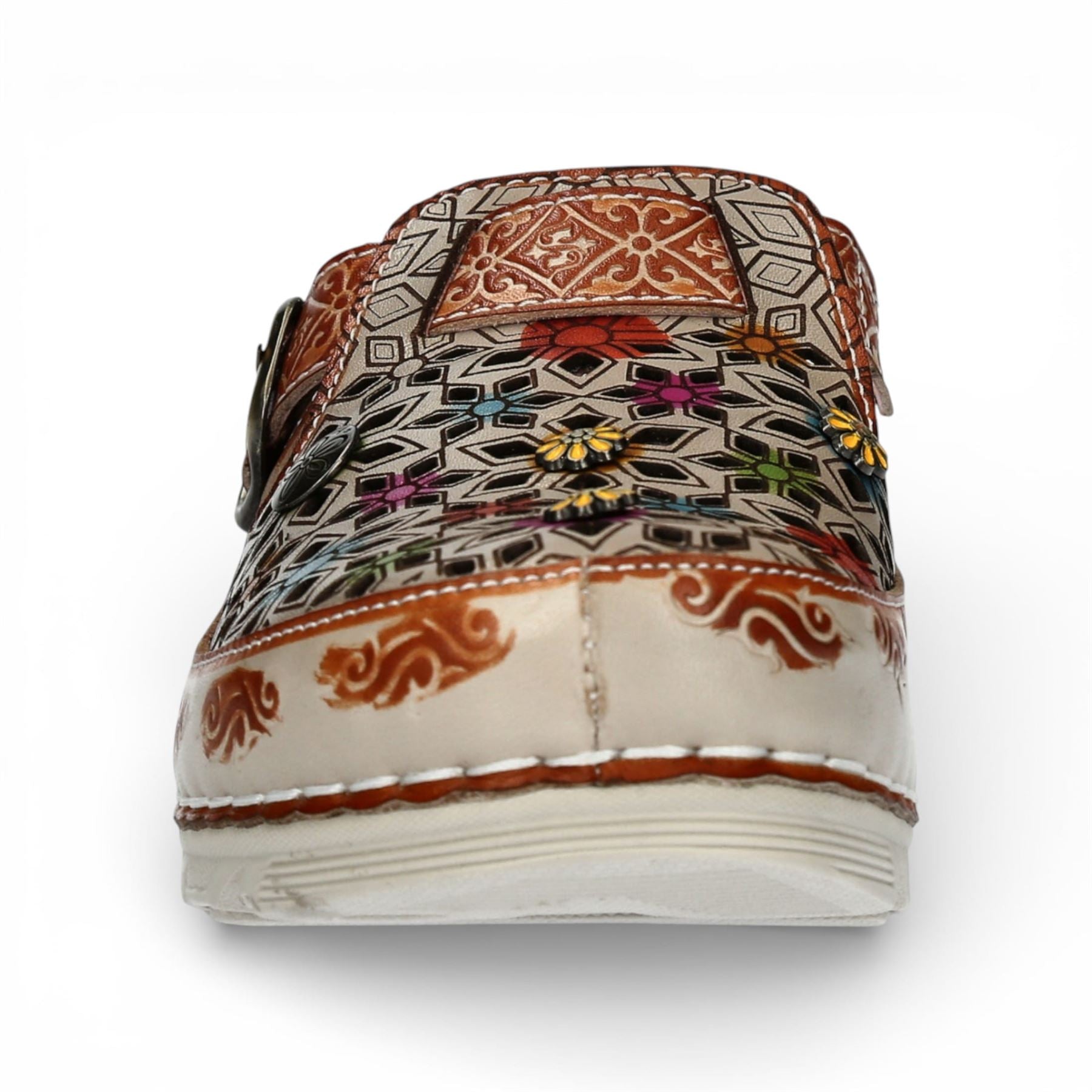 Laura Vita Women’s Dorry 01 Floral Beige Leather Wedge Slipper Sandals