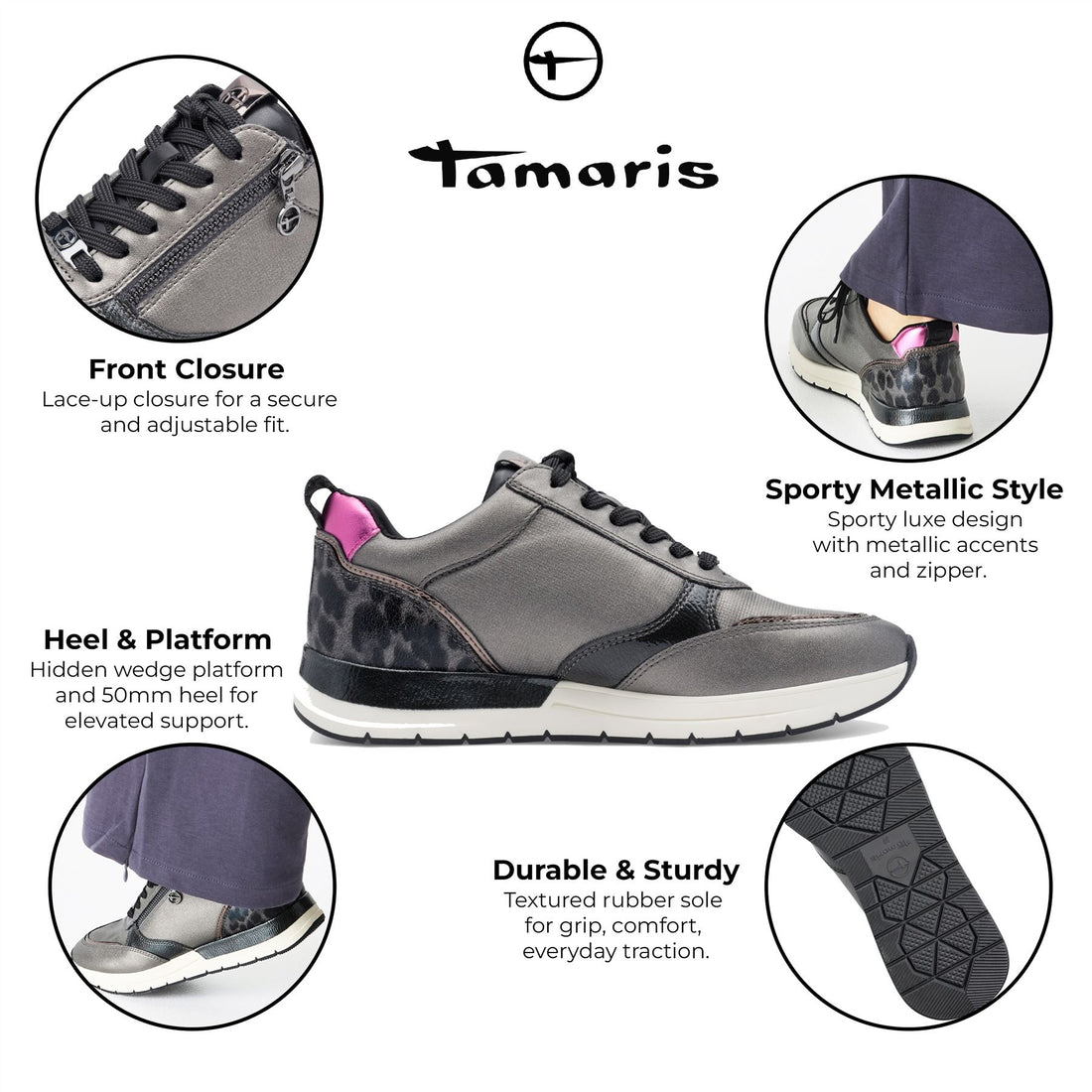 Tamaris Womens Pewter Silver Pink Fashion Lace-up Zipped Sneakers Trainers