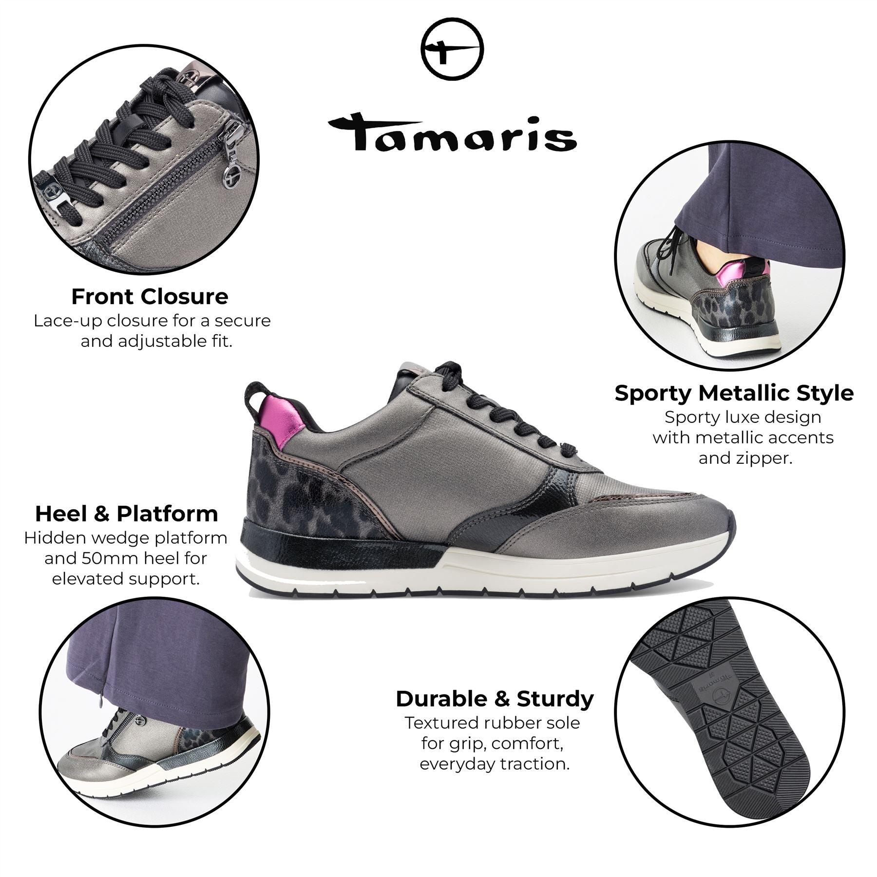 Tamaris Womens Pewter Silver Pink Fashion Lace-up Zipped Sneakers Trainers