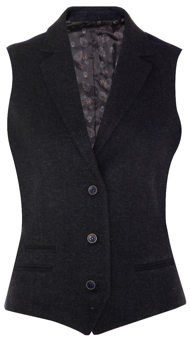 Womens Tweed 1920s Herringbone Navy Waistcoat - Upperclass Fashions 
