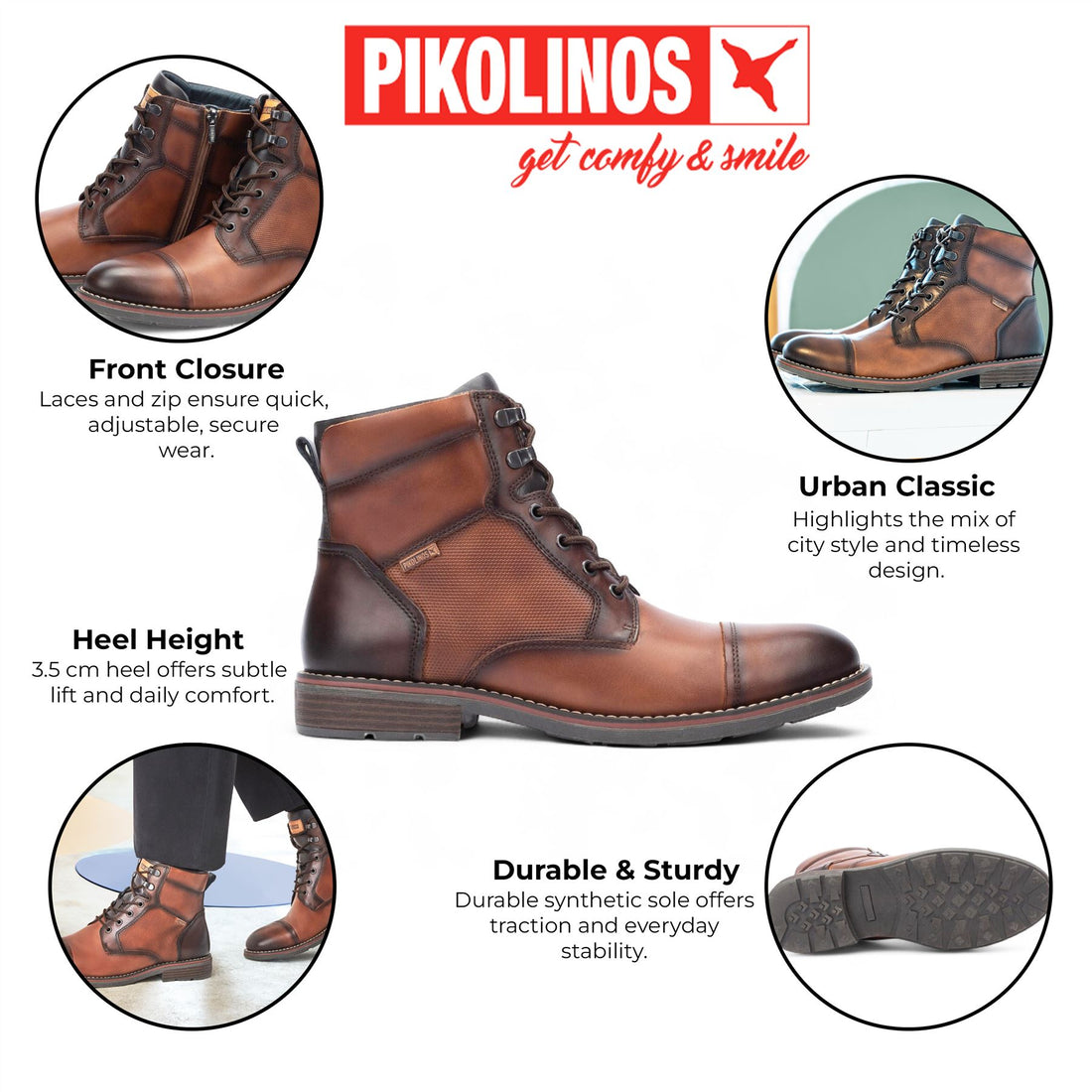 Pikolinos Men’s Cuero Brown Leather Zip & Lace Up Ankle Boots - York