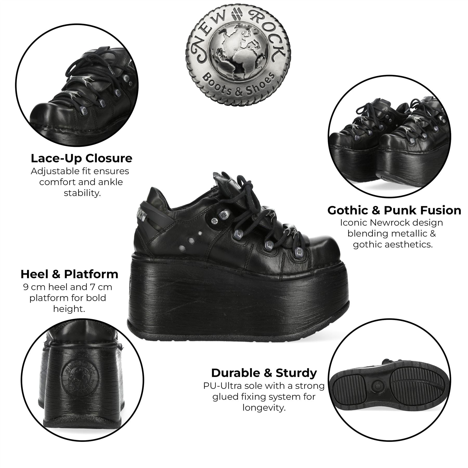 New Rock M-120N-C96 Black Leather Gothic Chunky Platform Ankle Boots